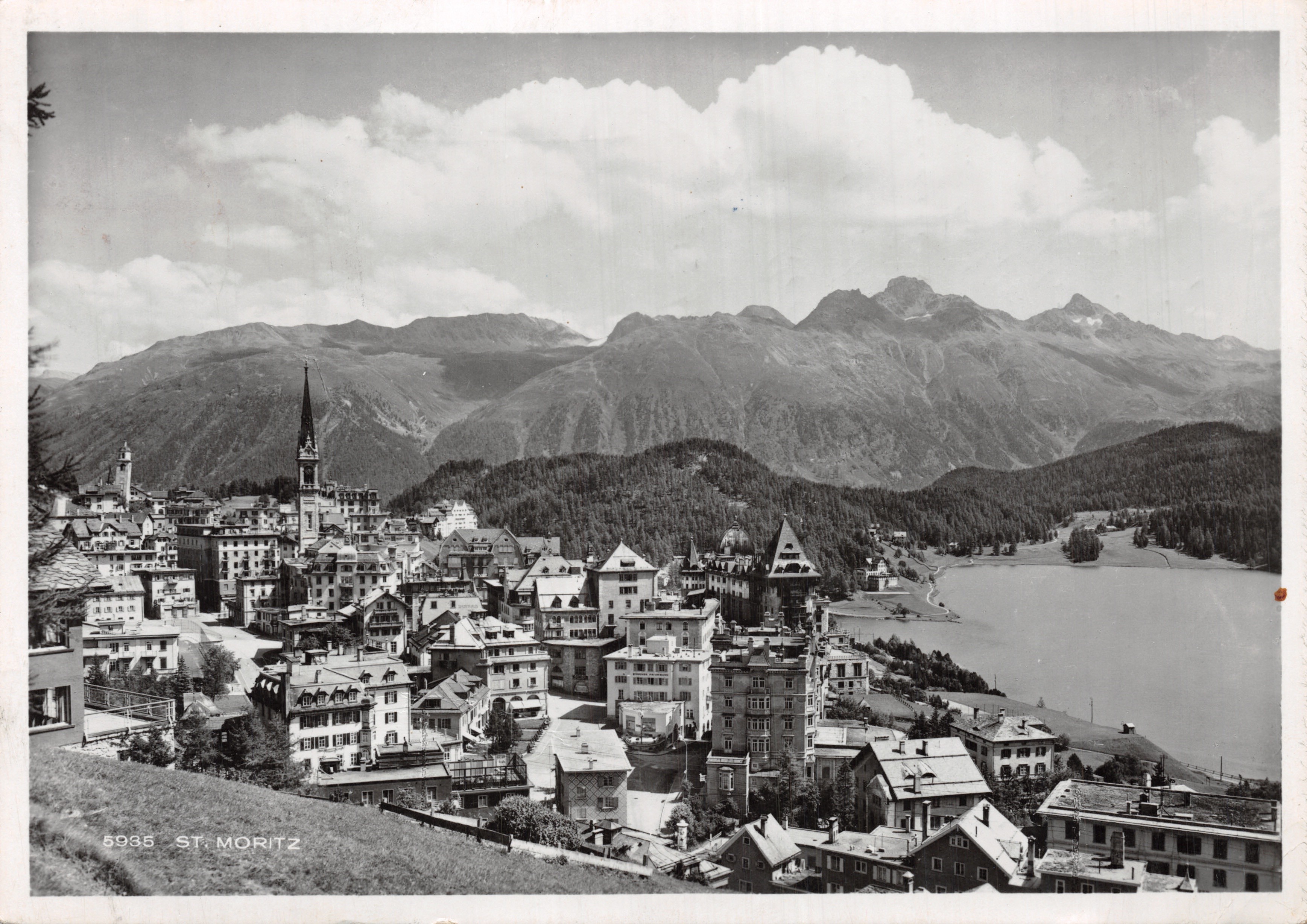 St. Moritz — vue panoramique avec église et lac — éditeur Albert Steiner, n° 5935