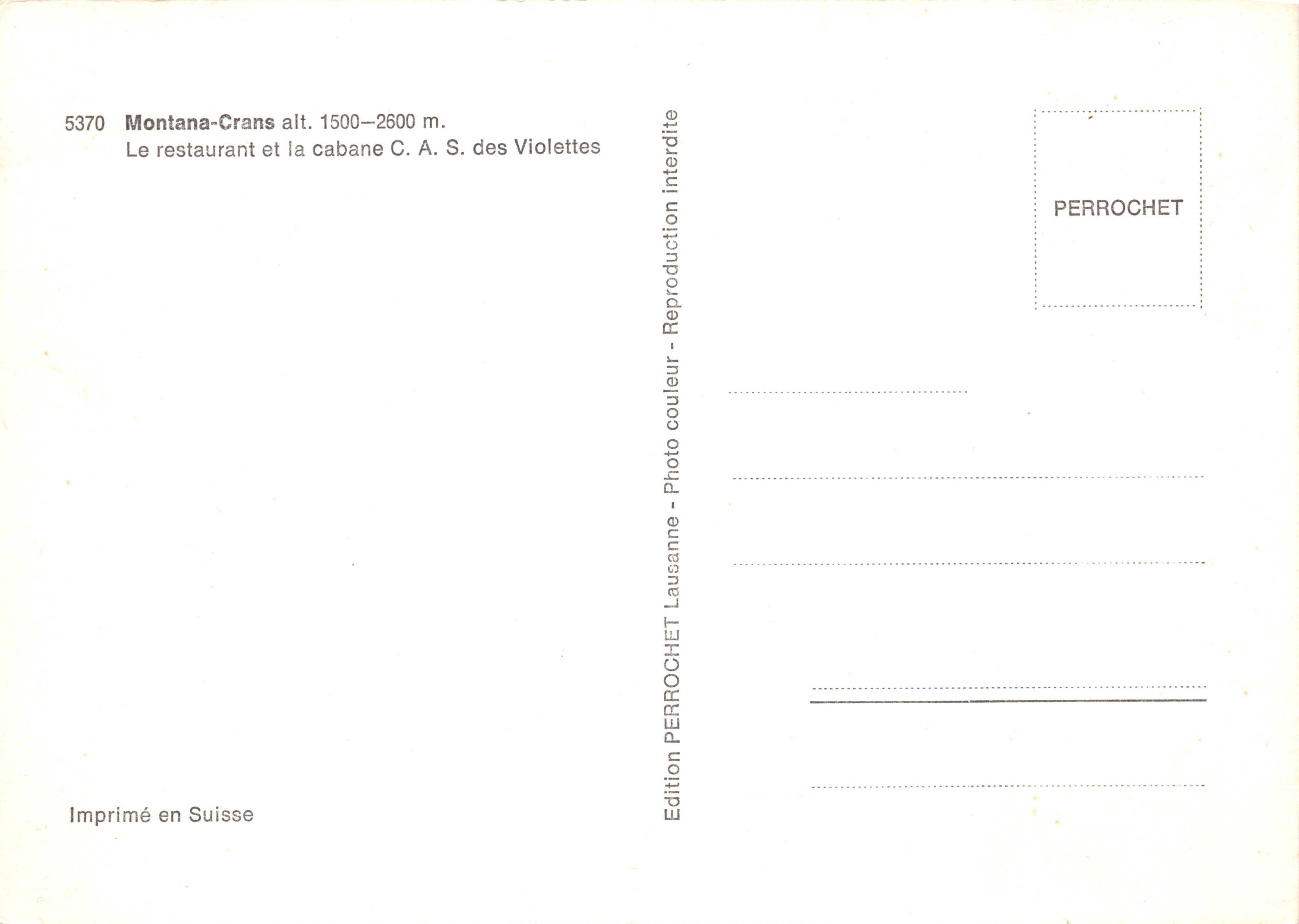Montana-Crans — ristorante e baita C.A.S. des Violettes — Edizione PERROCHET — Verso