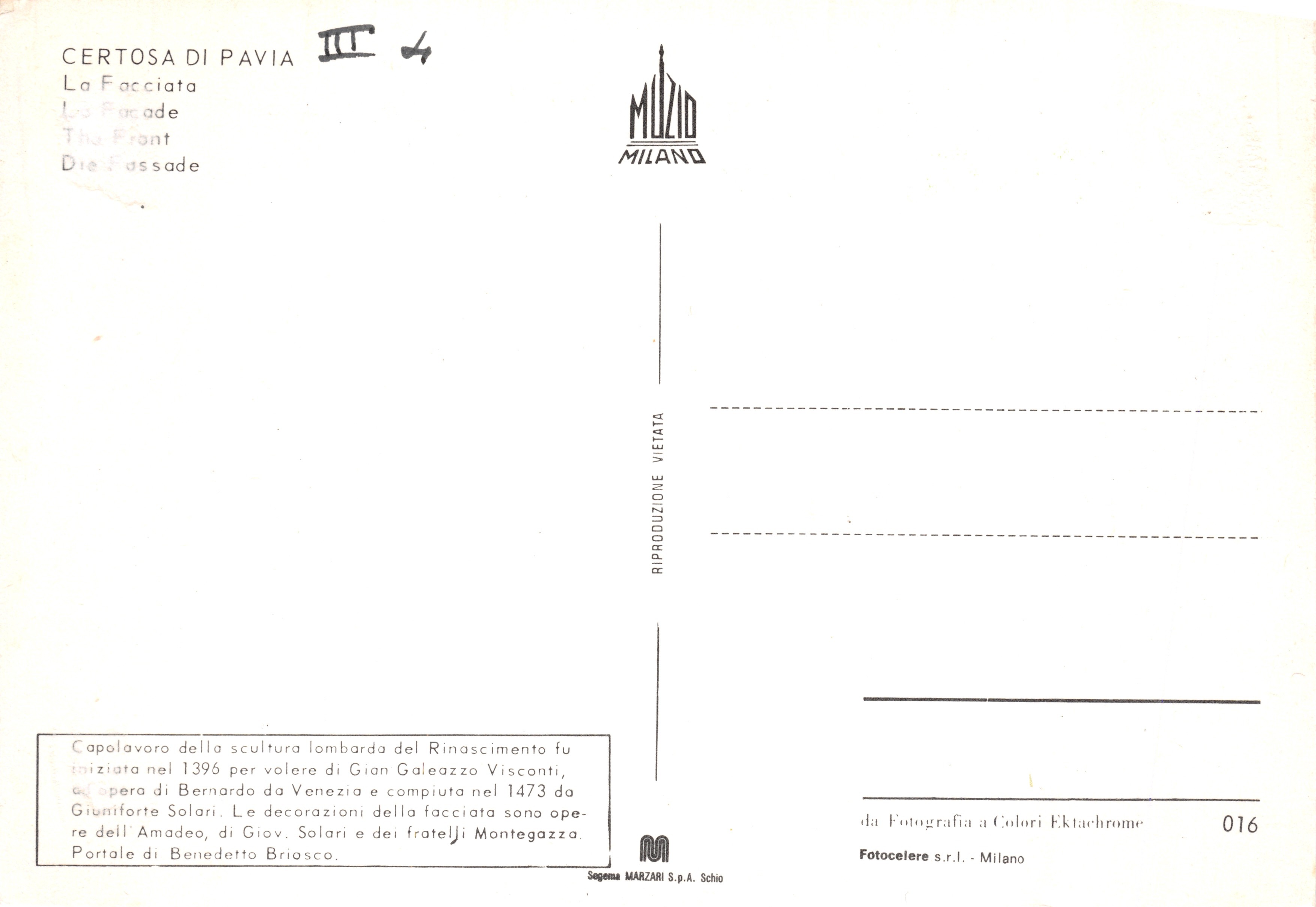 Certosa di Pavia — façade Renaissance — éditeur MILIZIO MILANO, n° 016 — Achterkant