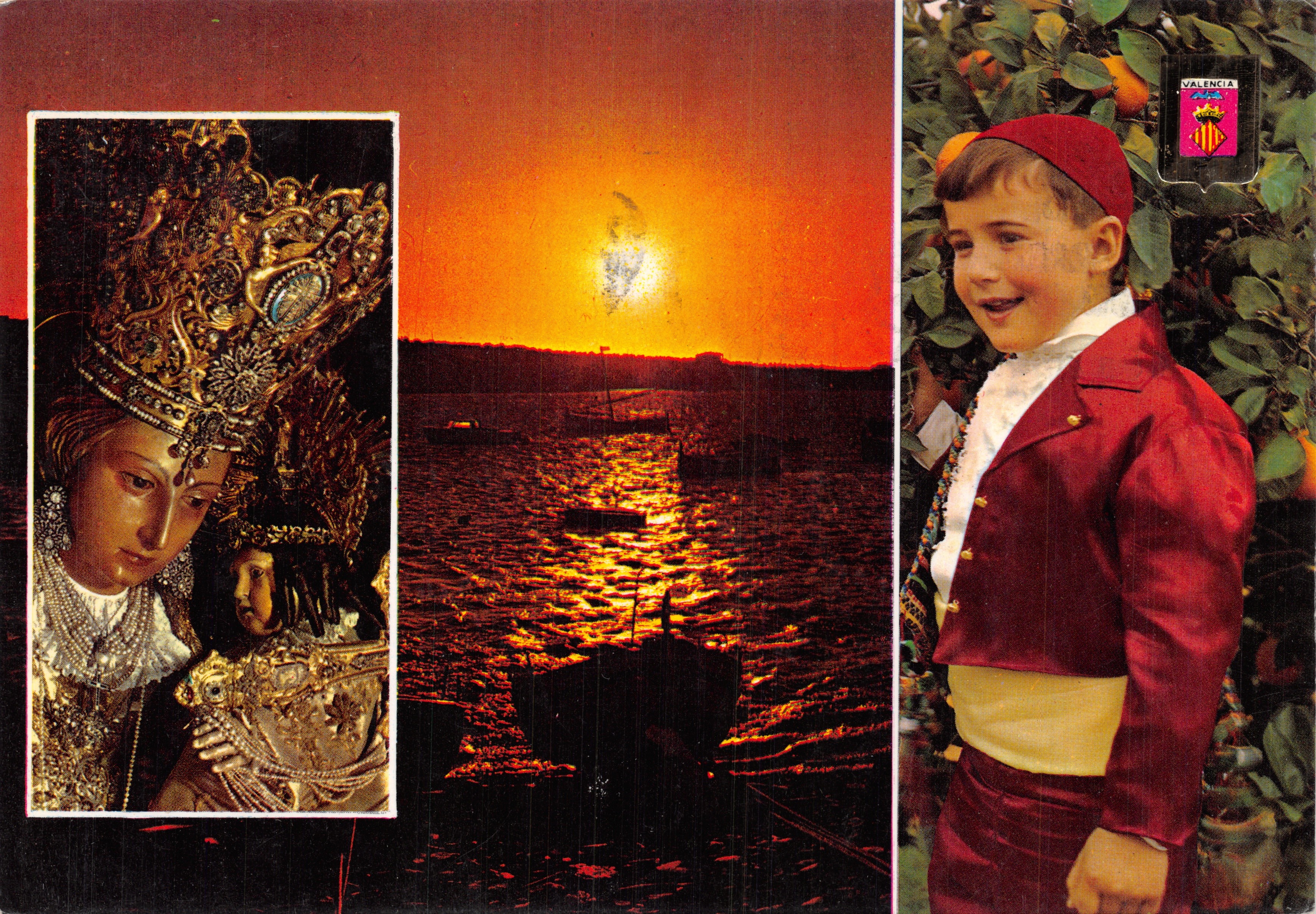 Valence — vista de atardecer sobre el mar y niño en traje — editor POSTALES ESCUDO DE ORO