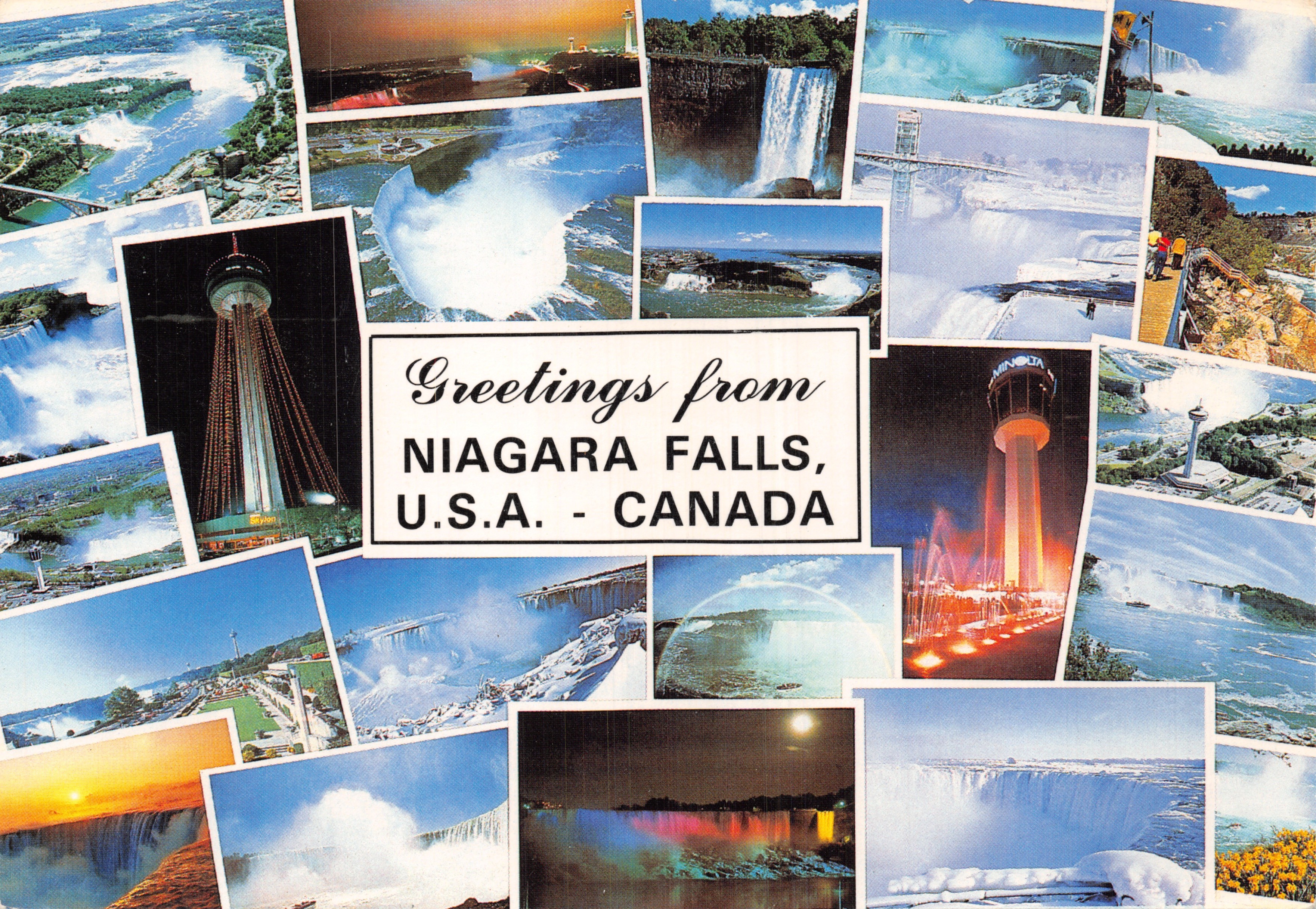 Niagara Falls — collage de vues des chutes d'eau, du Tower of the Falls et du parc, éditeur TRAVELPIC PUBLICATIONS, n° L-95196-D