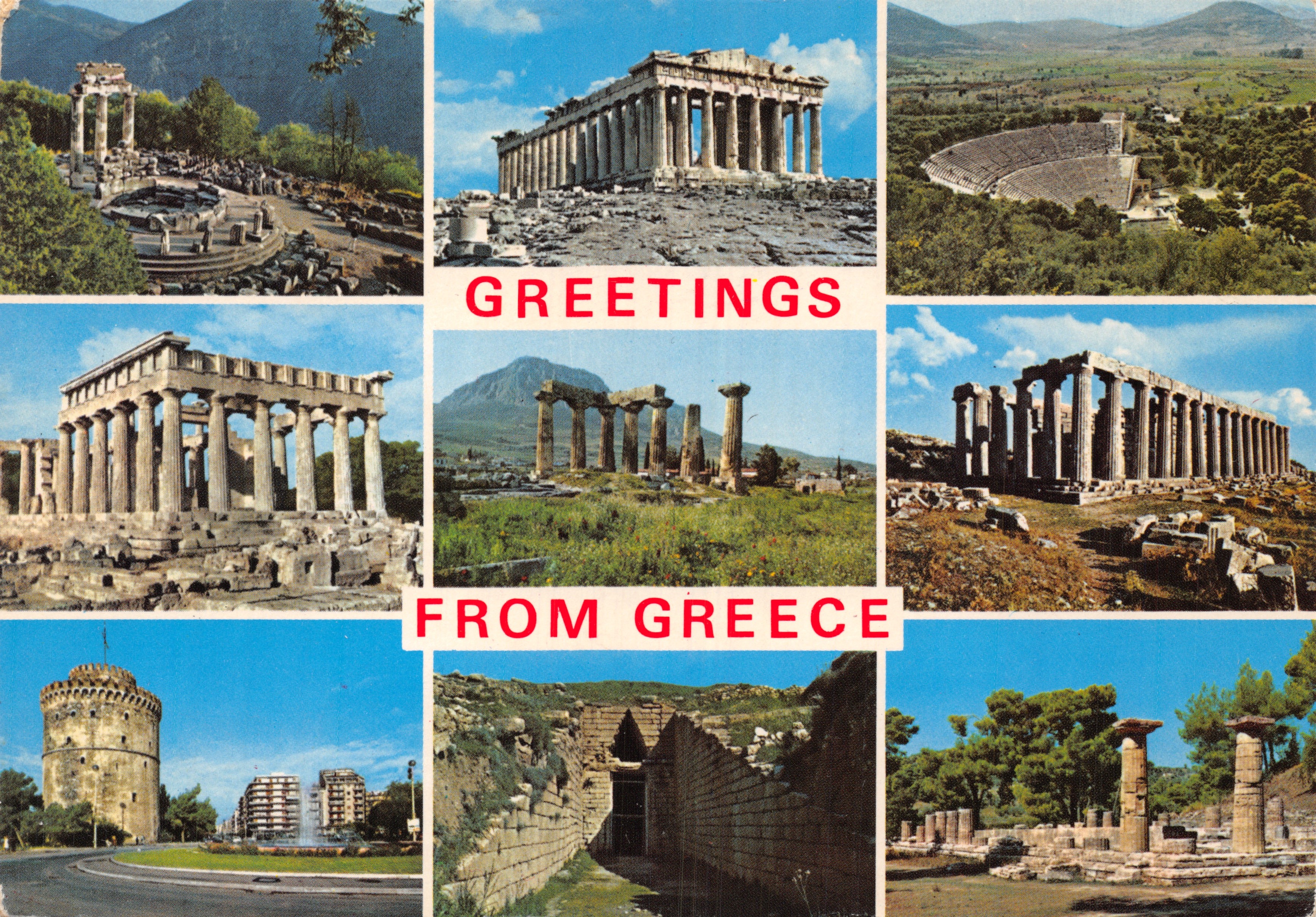 Griekenland — Collage van oude sites en de Tour de Corinthe — uitgever BEN-HZÁΣ & ΣΙΑ Ο.Ε