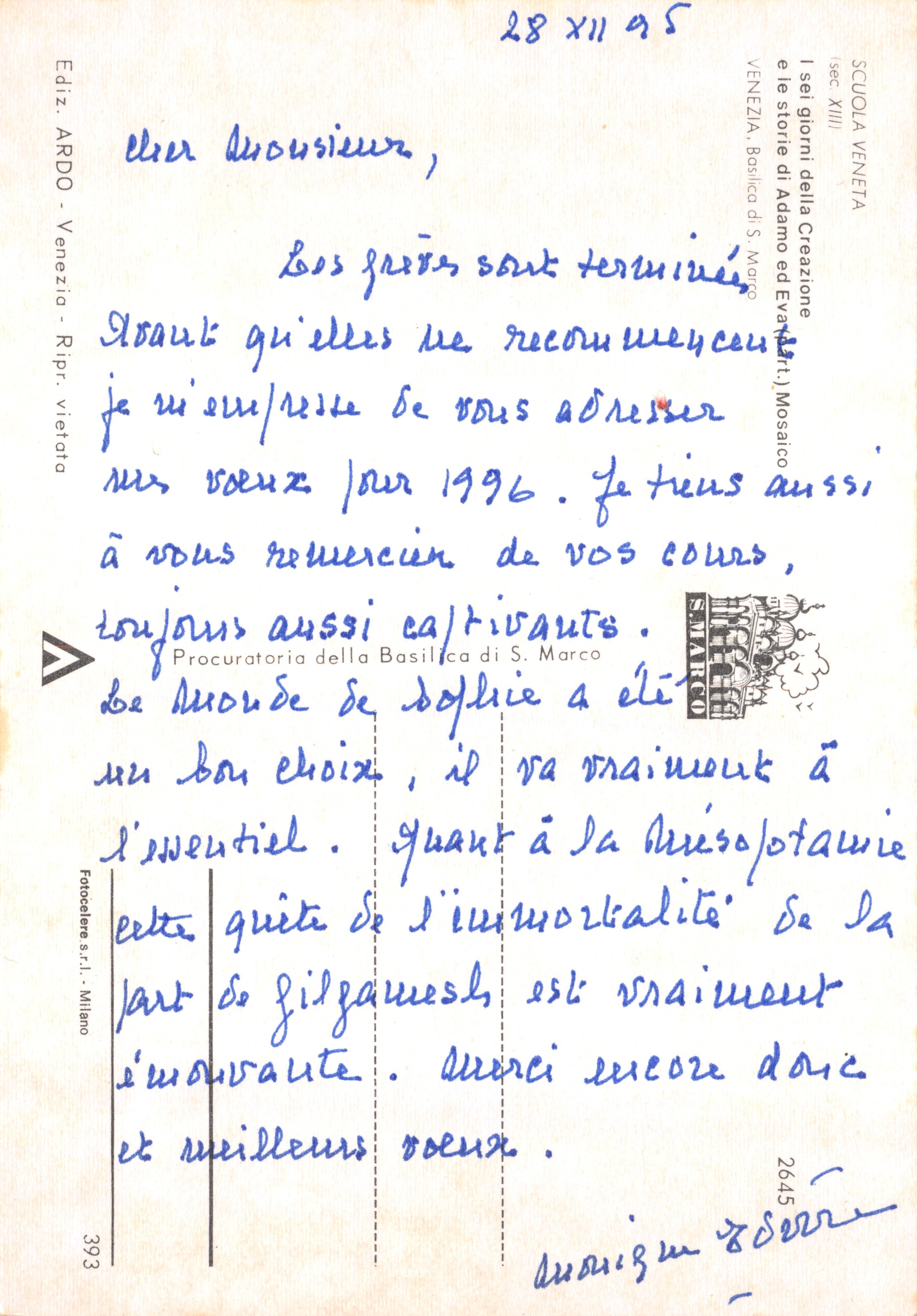 Szene der Schöpfung — Adam und Eva vor den Tieren — Verlag ARDO, Verona — Rückseite