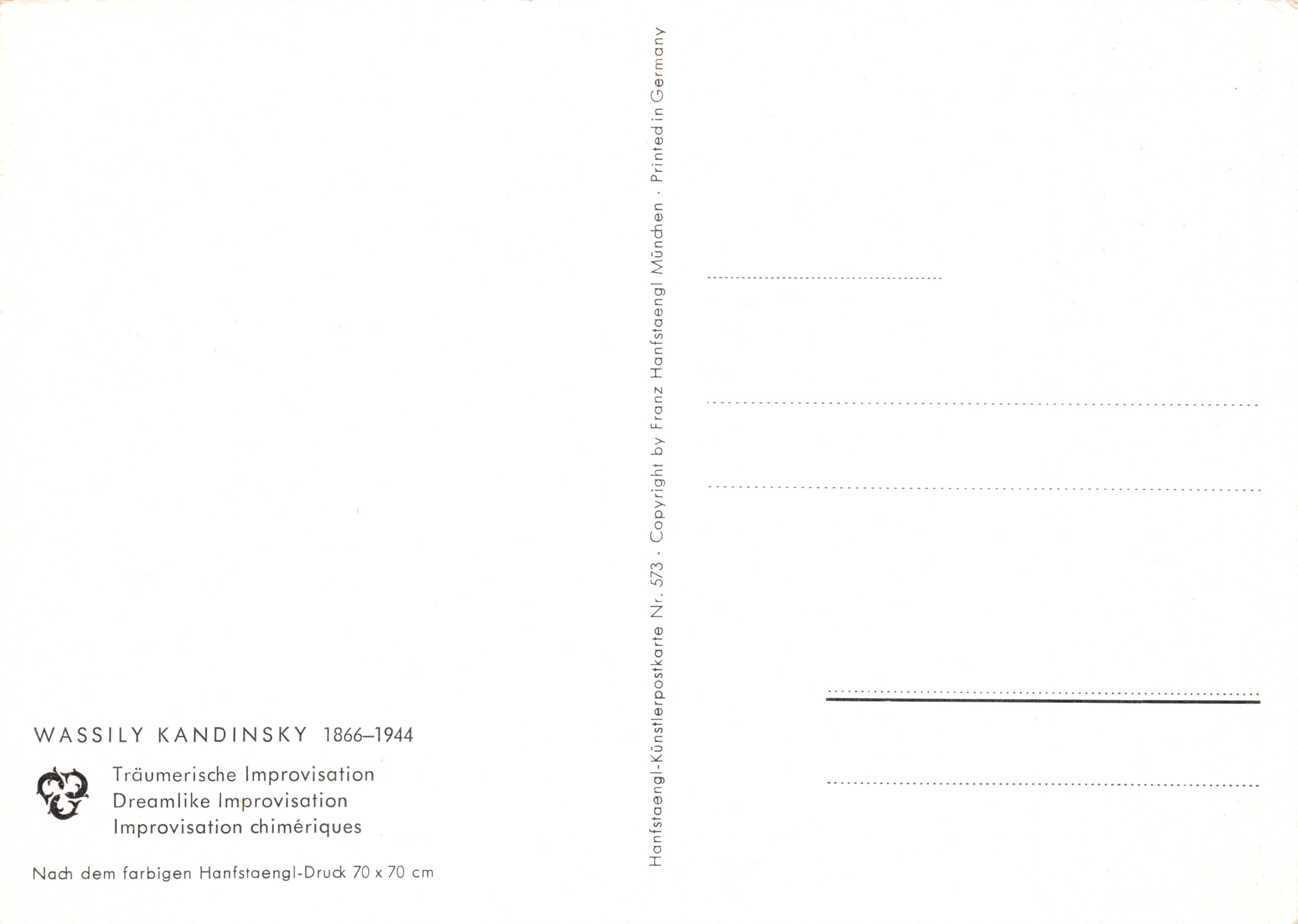 Improvisación onírica — obra de Wassily Kandinsky — editor Franz Hansstaengl, n.º 573 — Reverso