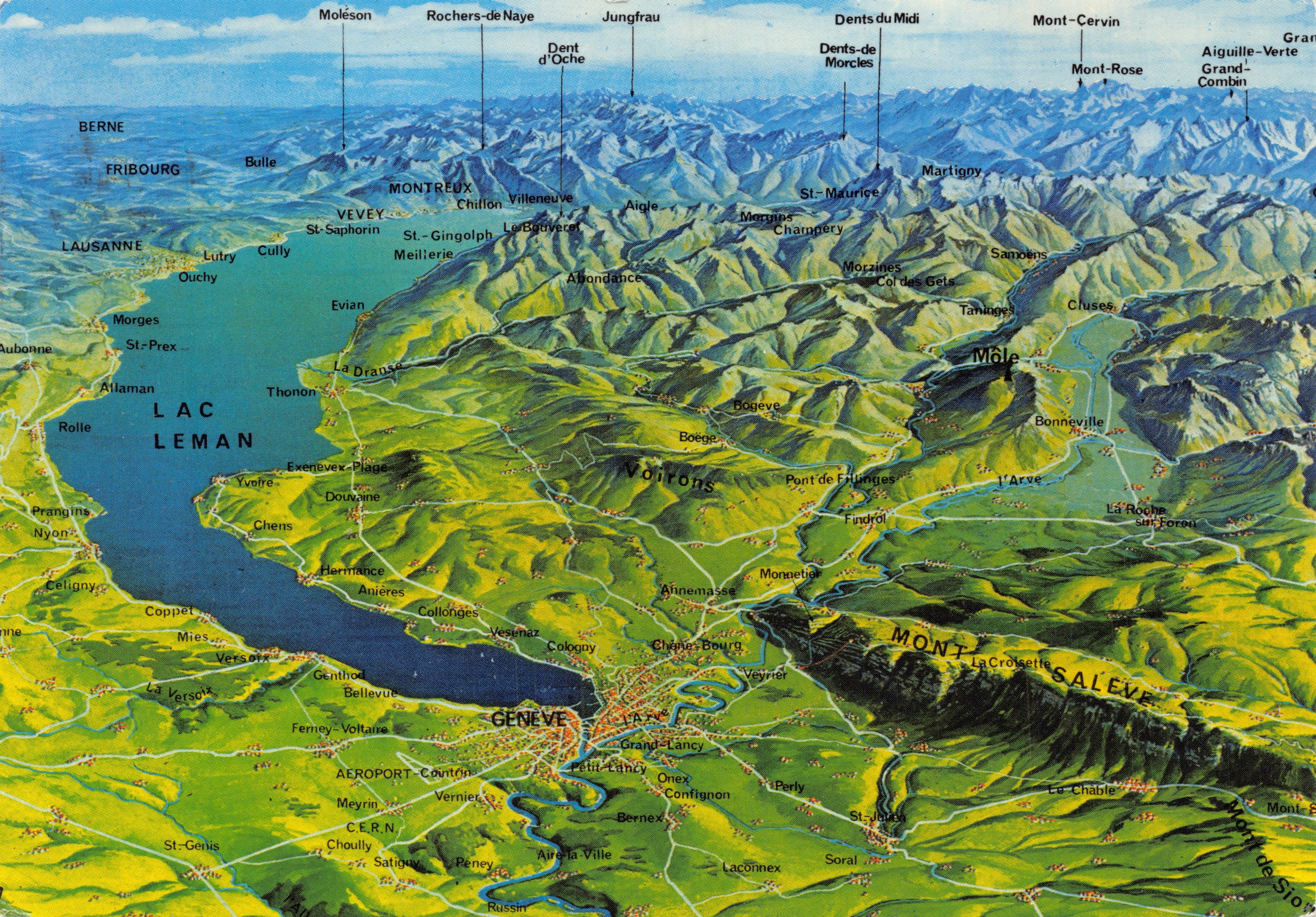 Panorama of the Léman region — colored topographic map with place names and mountains — Publisher: Francis JAEGER. HELIO Editions. Series number: LL 4777
