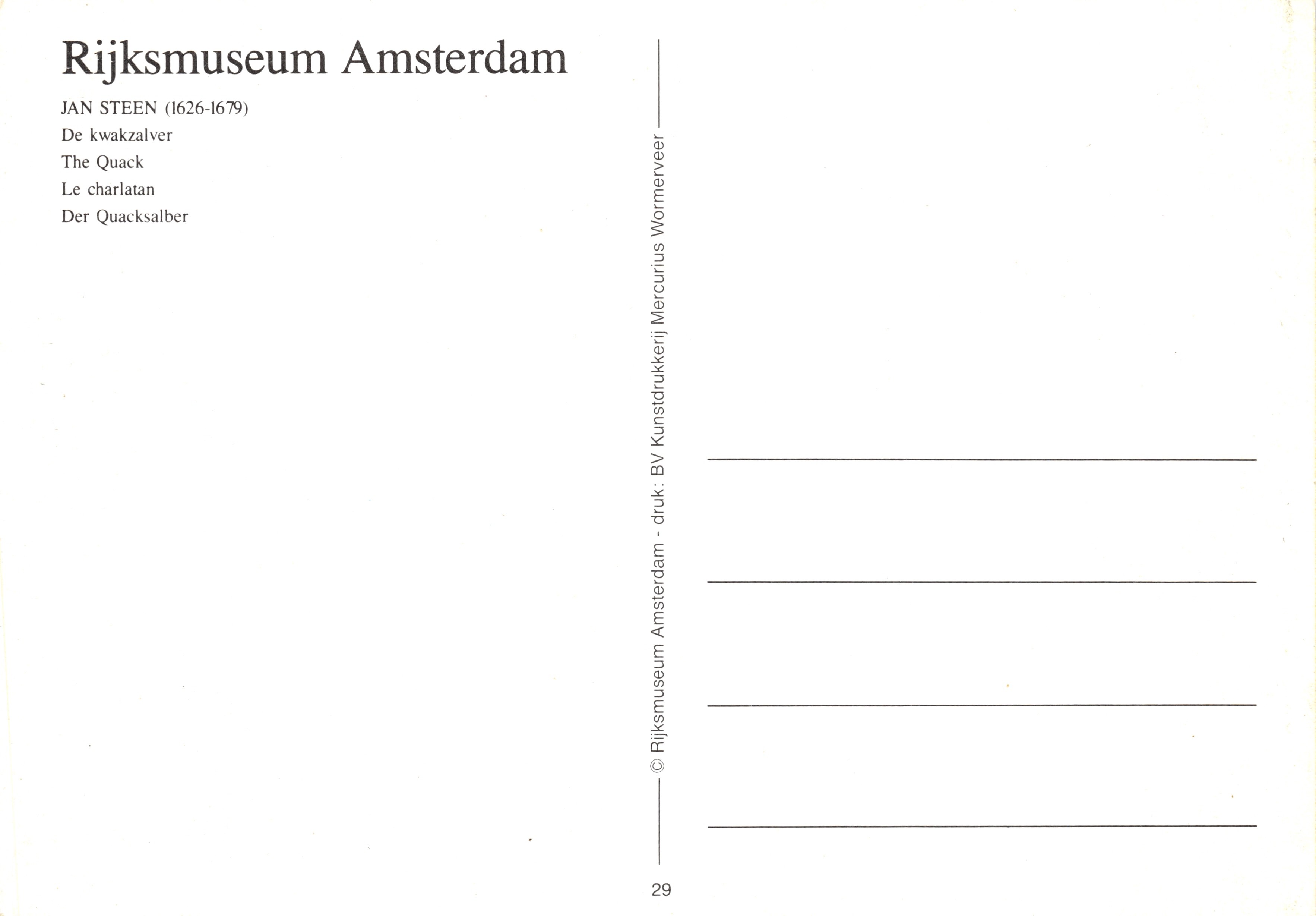 Escena de mercado — pintura de Jan Steen — editor Rijksmuseum Amsterdam, n.º 29 — Reverso
