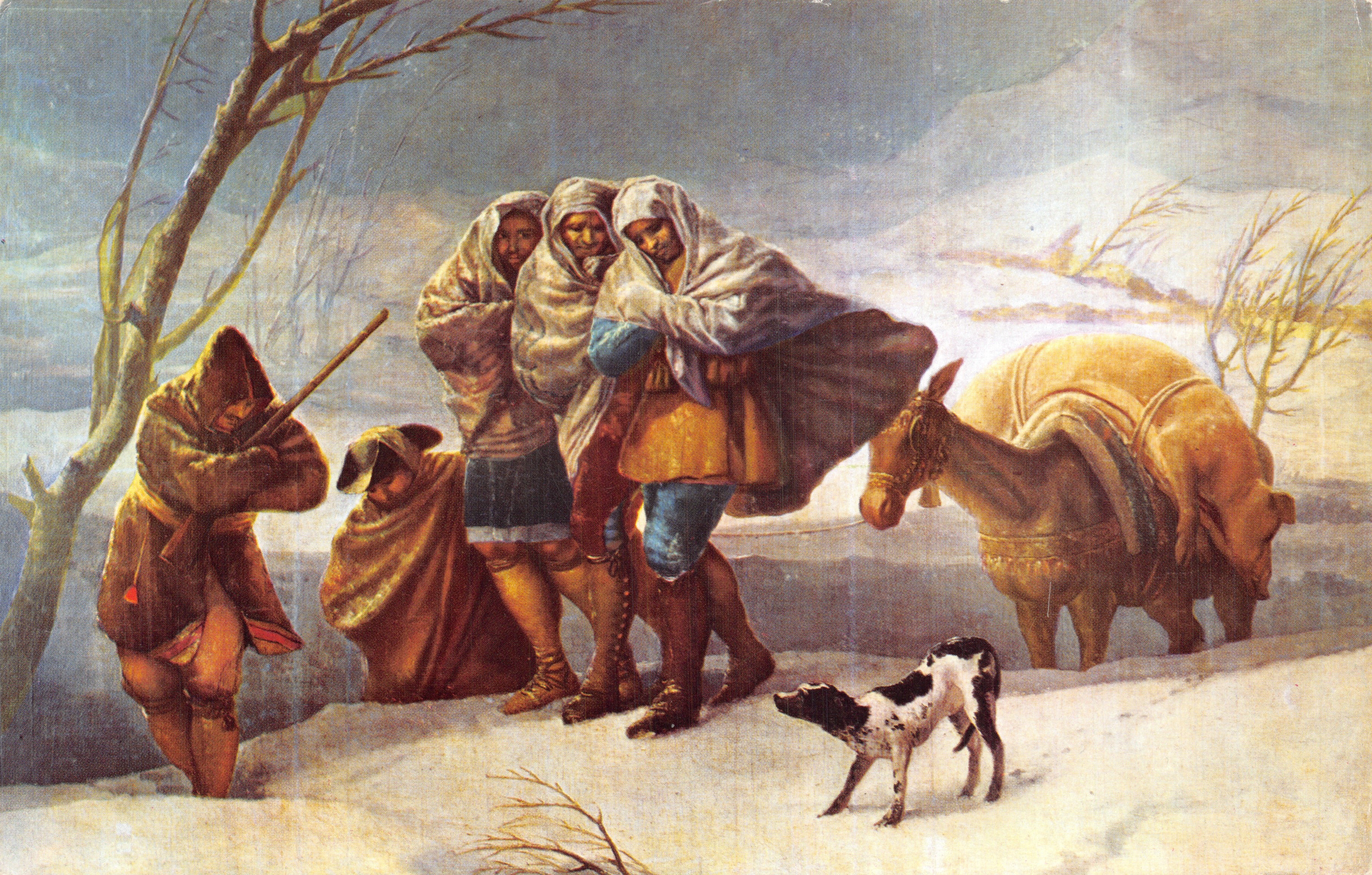 La nieve — escena invernal con grupo de personas y burro — Ediciones Artísticas, Madrid