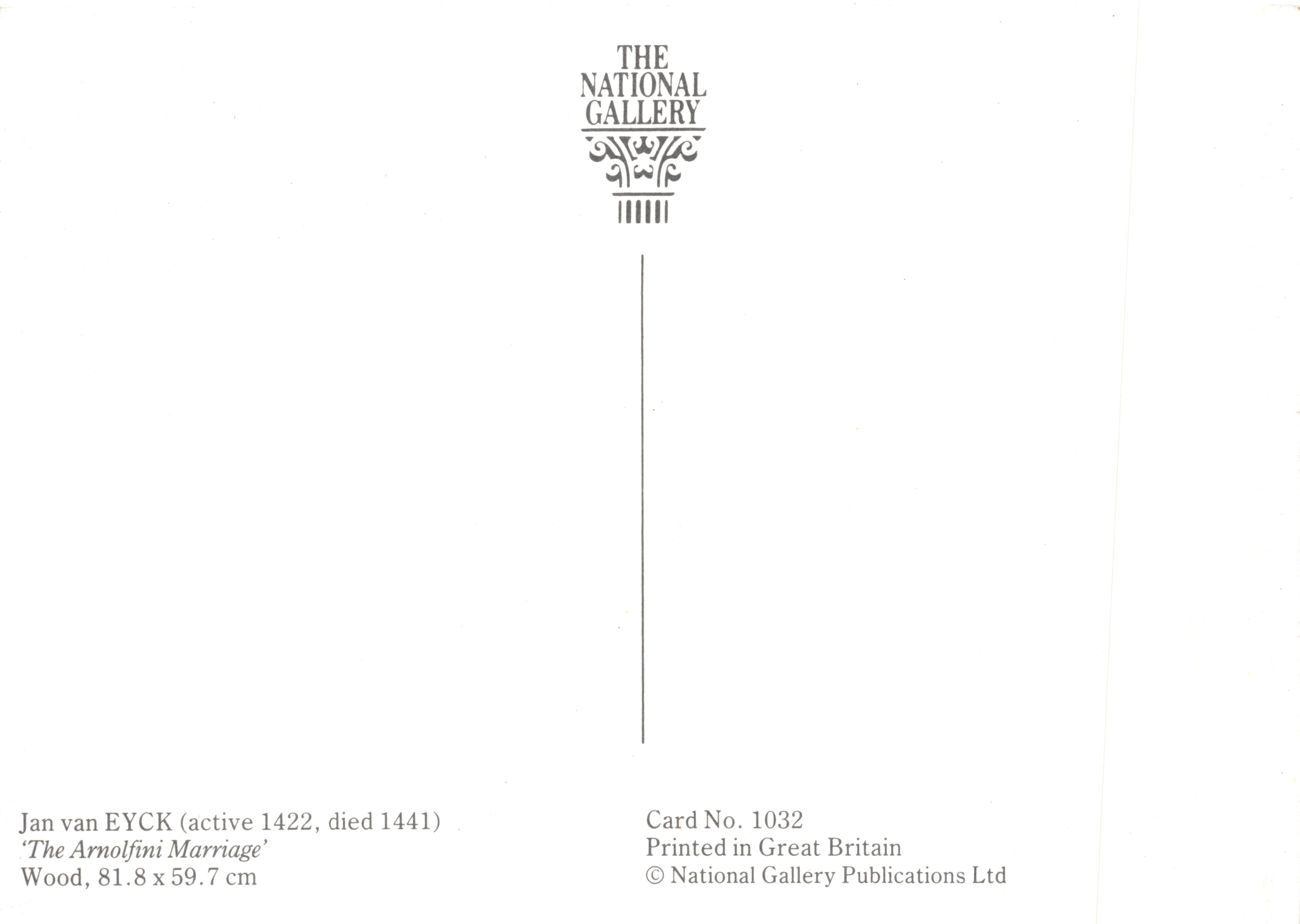 Jan van Eyck — El matrimonio de los Arnolfini — National Gallery Publications Ltd, Tarjeta n.º 1032 — Reverso