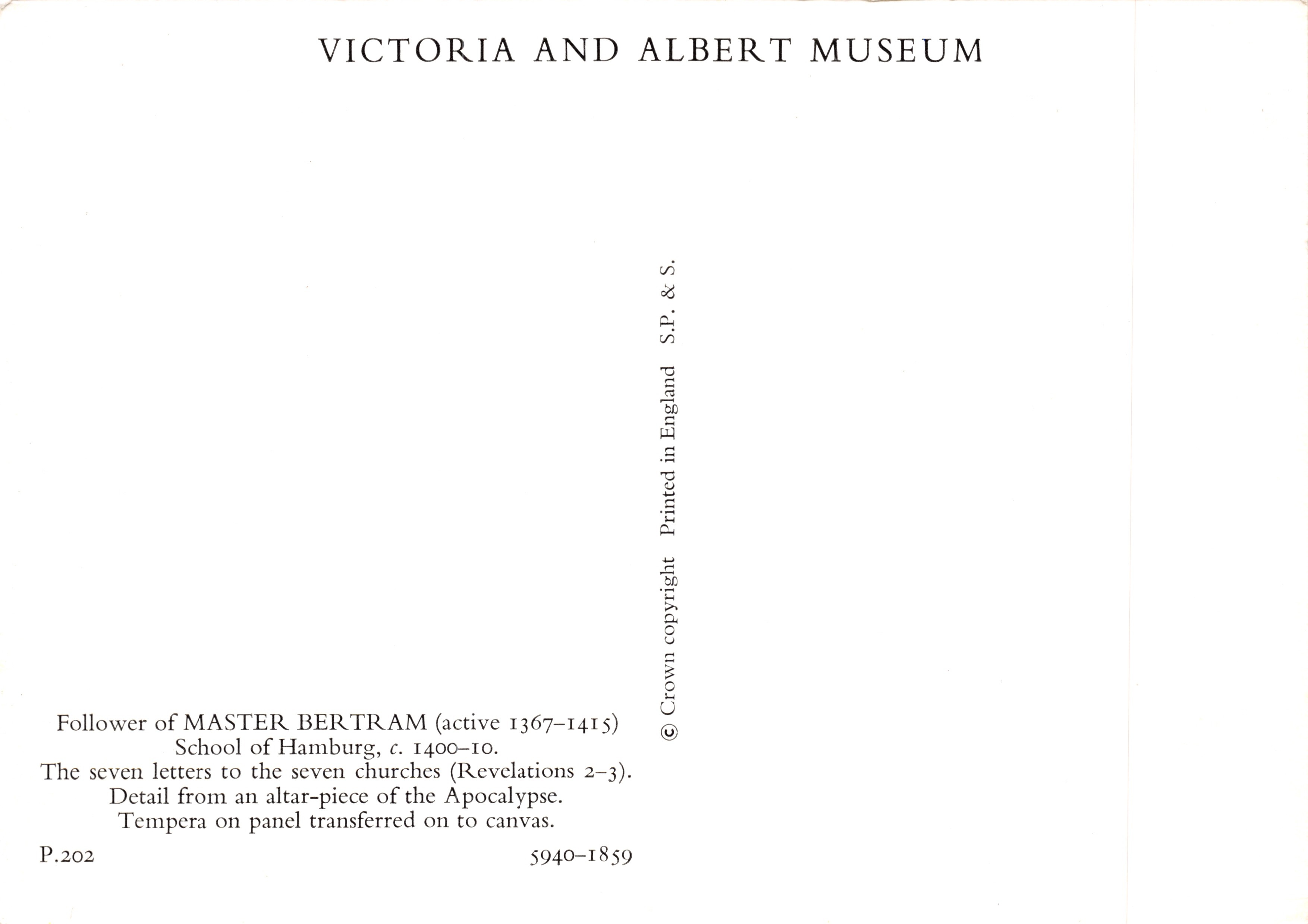 Las siete cartas a las siete iglesias — detalle de un retablo de la Apocalipsis — editor VICTORIA AND ALBERT MUSEUM, n.º P.202 — Reverso