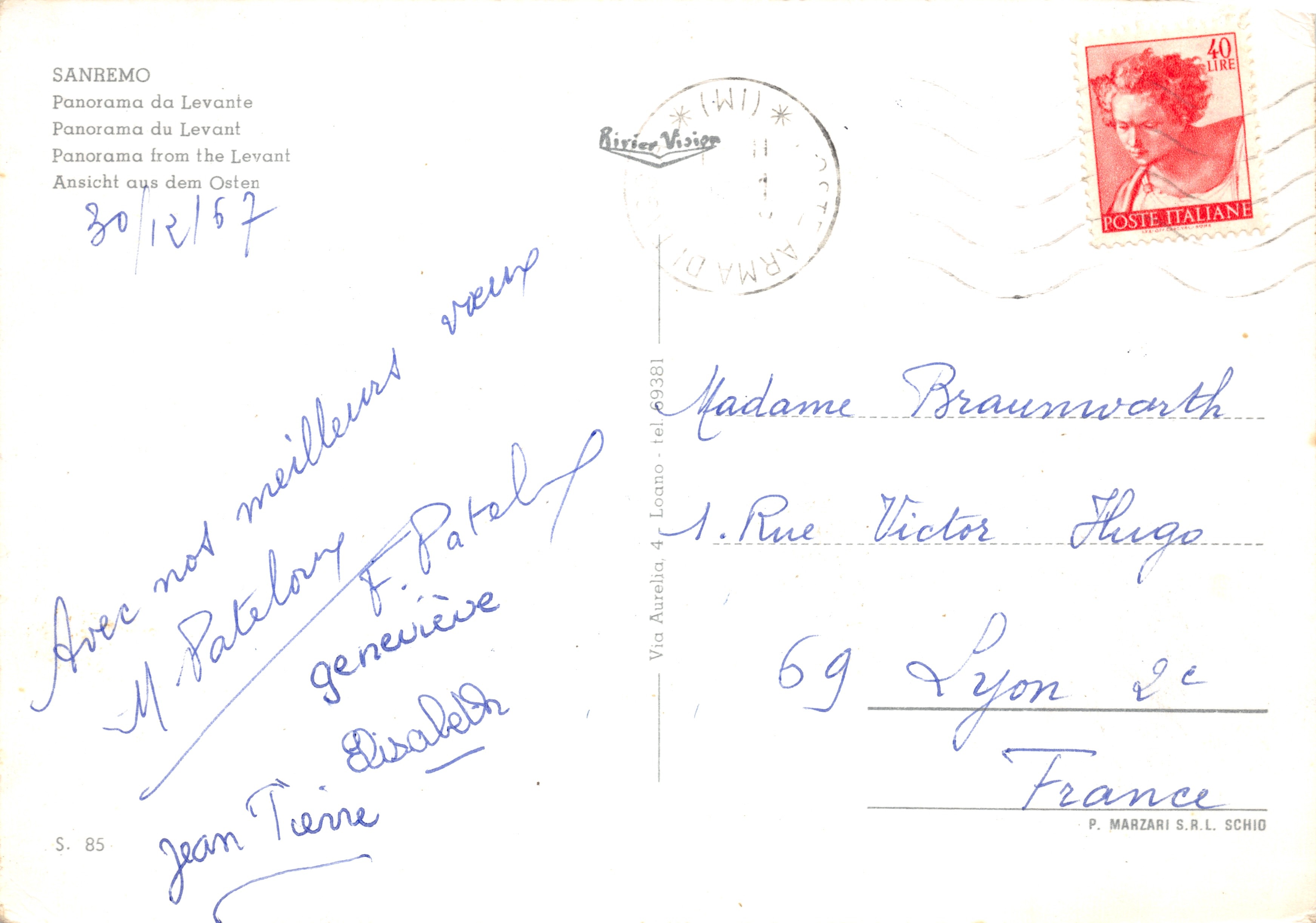 Sanremo — vista verso est — editore P. Marzari S.R.L. Schio, n. S. 85 — Verso