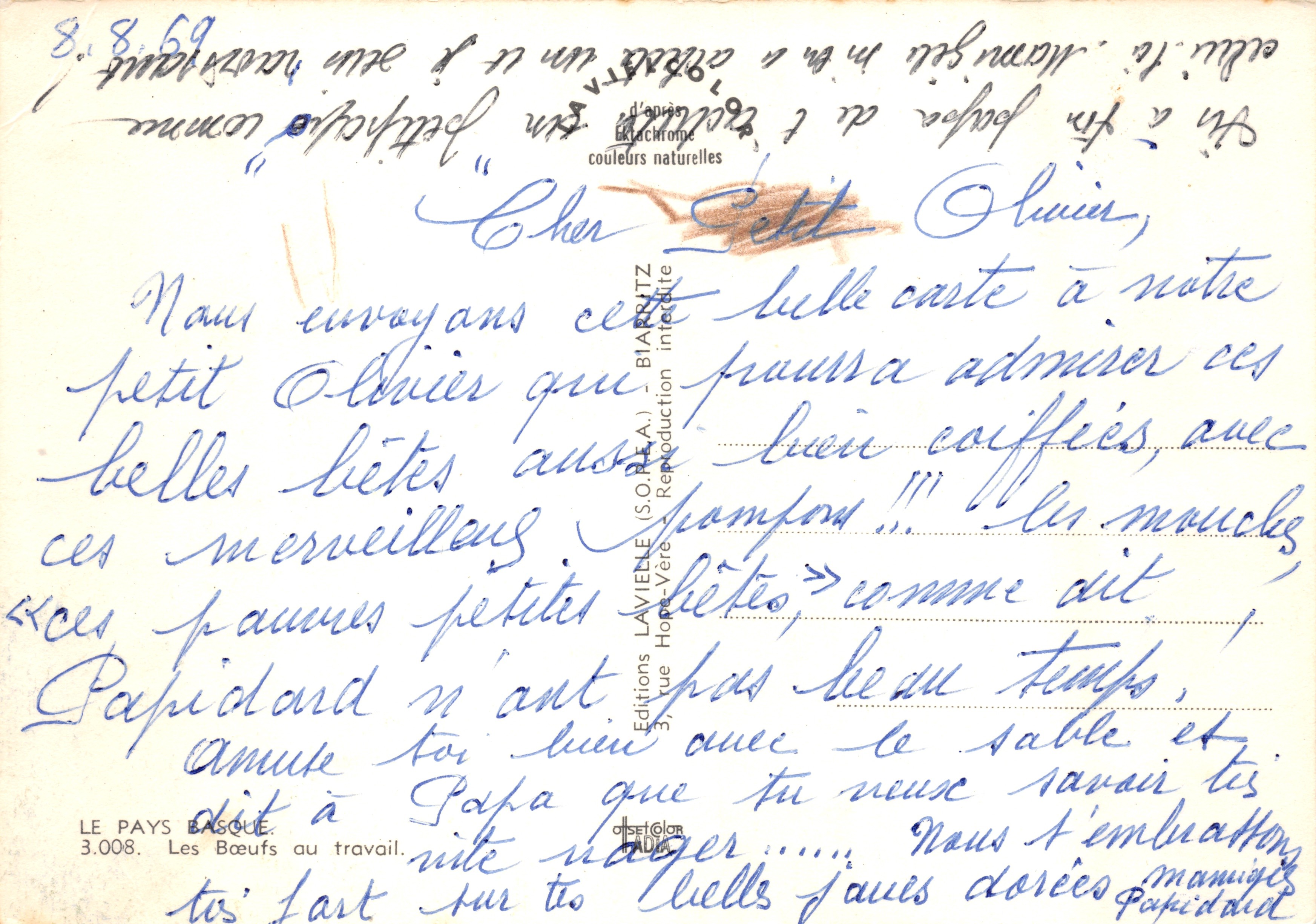 Bœufs au travail — deux bœufs ornés de harnais rouges et de pompons — éditeur LAVIELLE, n° 3.008 — Achterkant