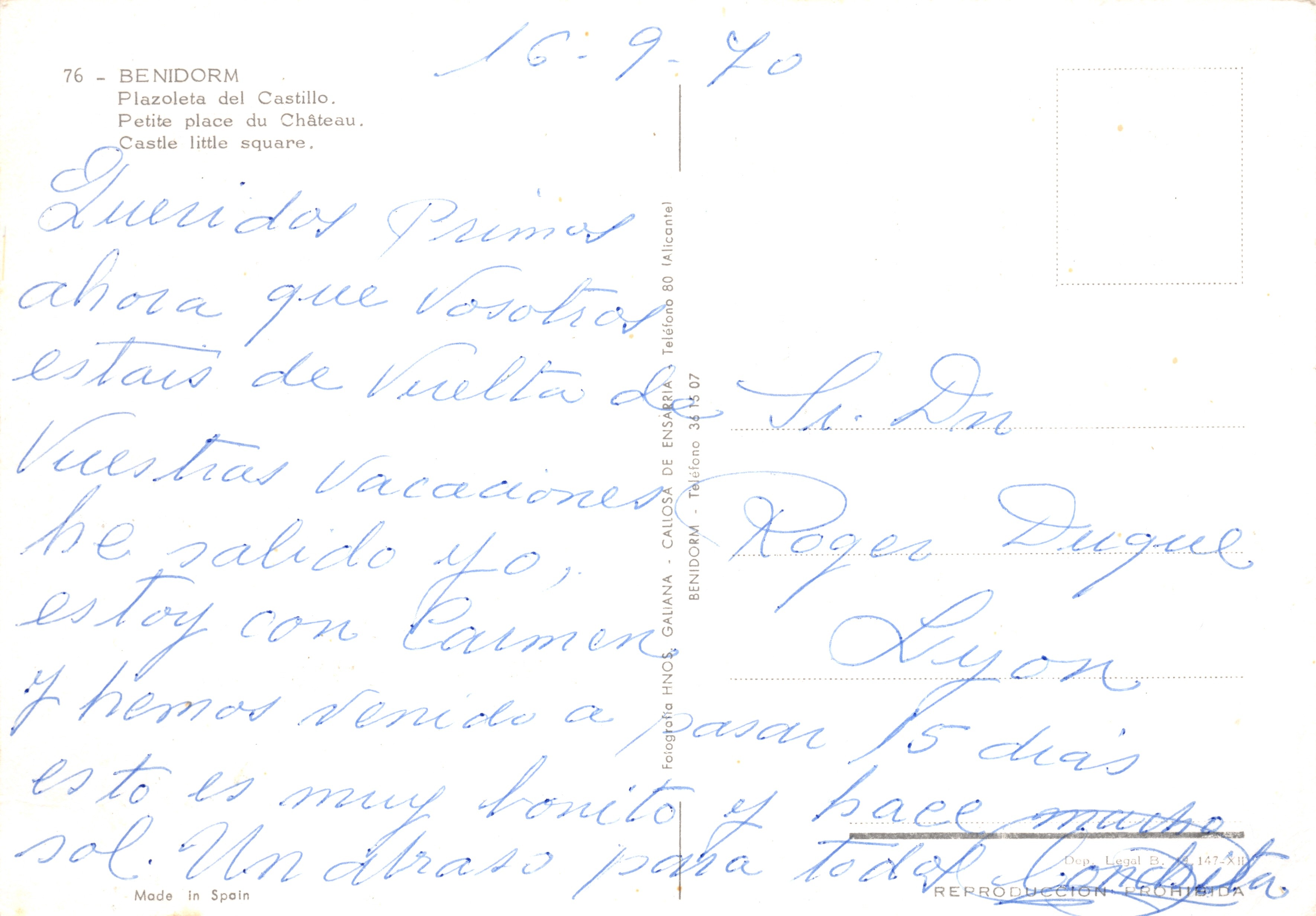 Benidorm — Plaçoleta del Castillo (place du château) — éditeur HNOS. GALIANA — Verso