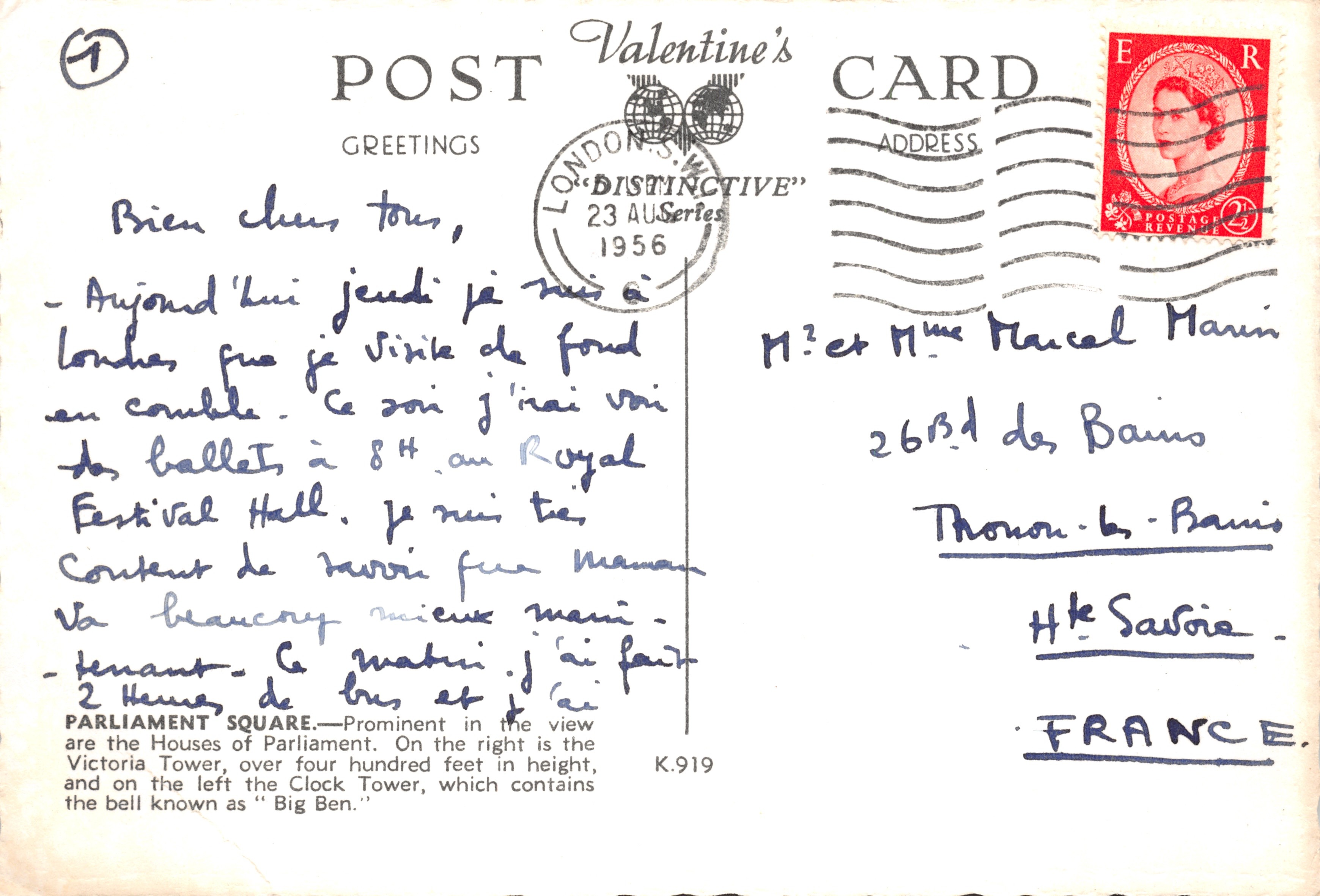 Parlement Square — uitzicht op de Houses of Parliament en de Victoria Tower — uitgever POST Valentine's CARD — Achterkant