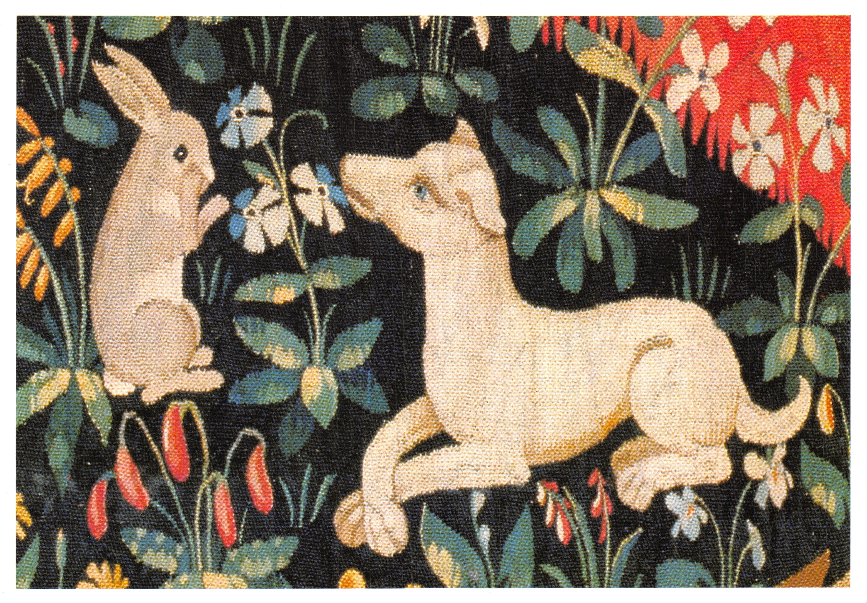 Hond en konijn — detail van de tapestry « La Dame à la Licorne » — Gedrukt in Frankrijk, 1988