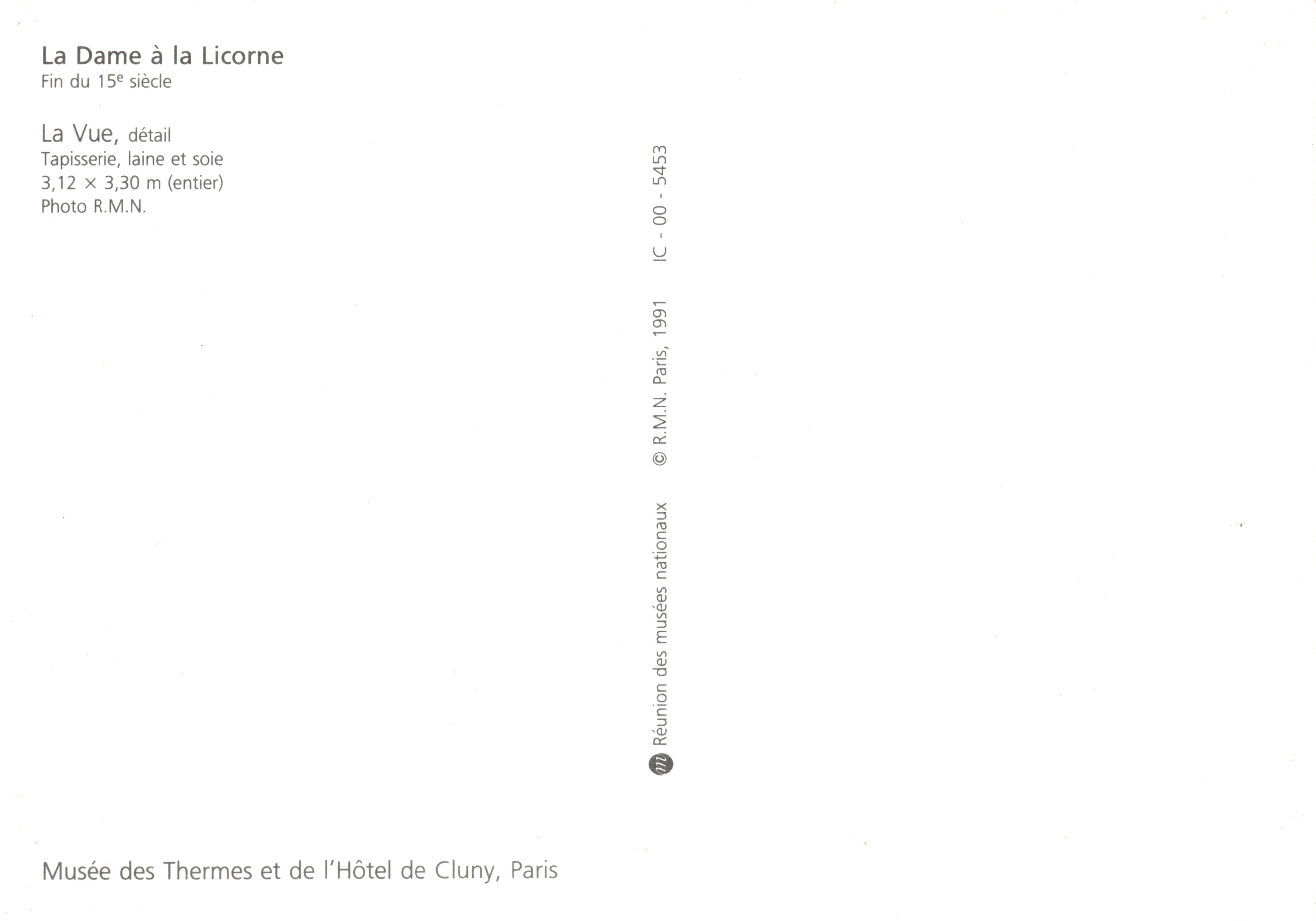 La Dama con el Unicornio — detalle de la tapez « La Vista » — Réunion des musées nationaux, n° 5453 — Reverso