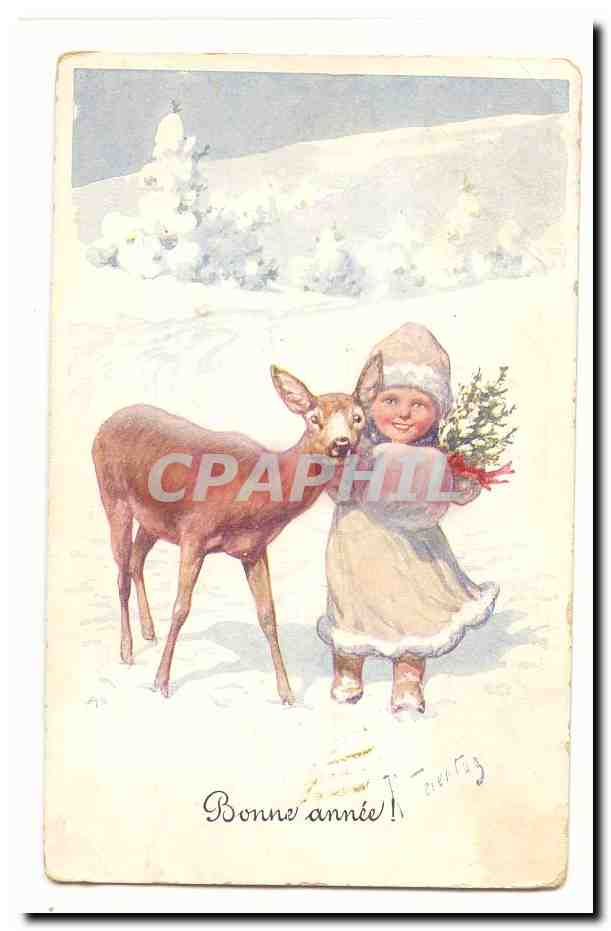 CPA Fantaisie Bonne annee biche et enfant