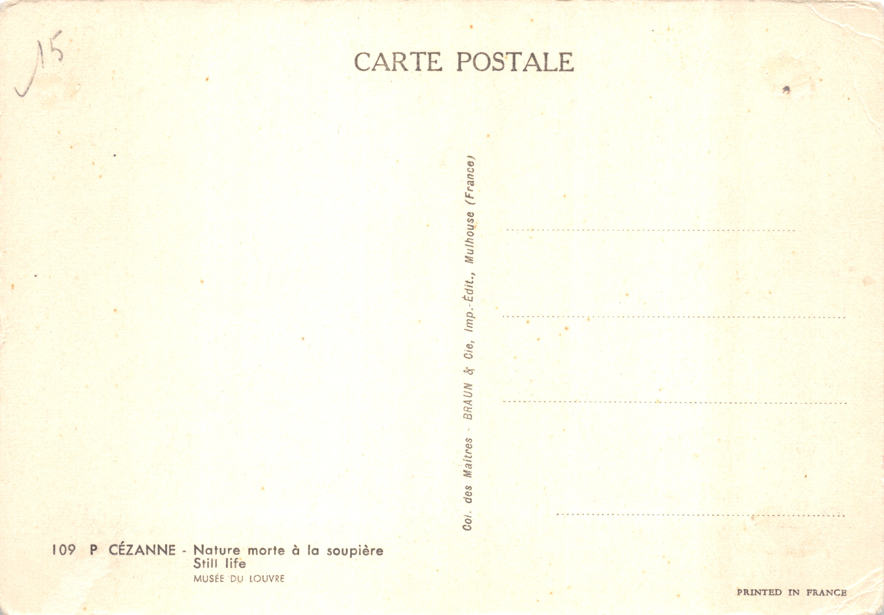 Stilleben mit Suppenterrine — Werk von Cézanne — Verlag BRAUN & Cie, Mulhouse (Frankreich) — Rückseite