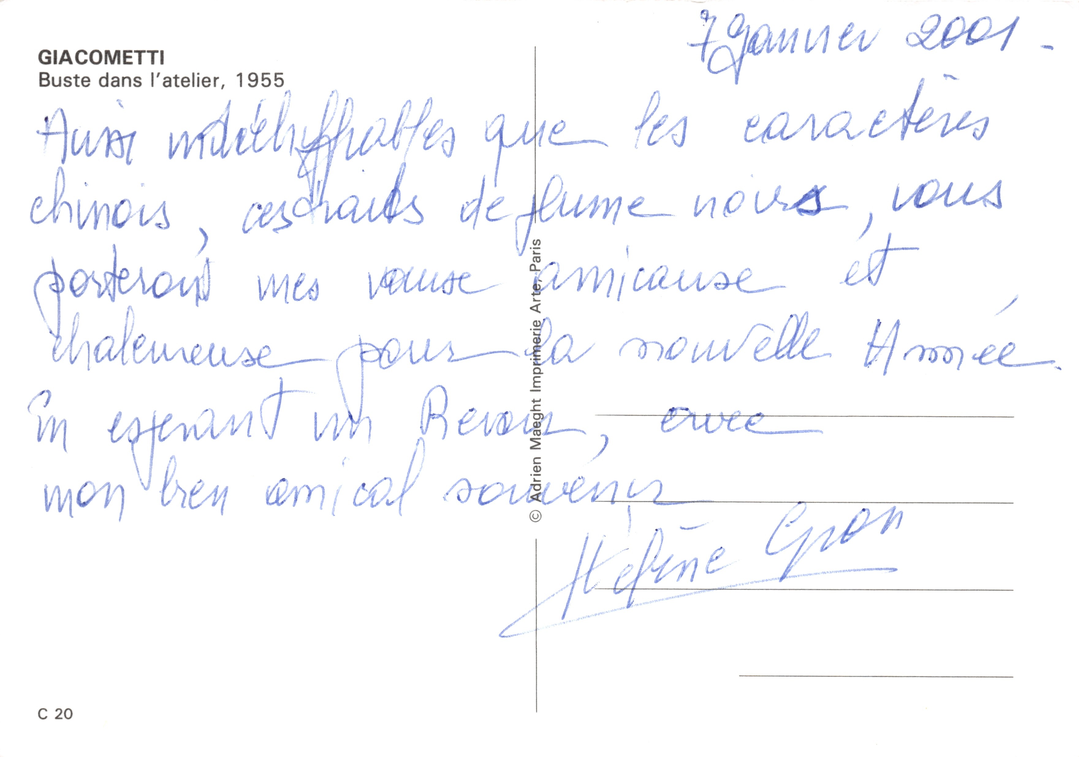 Cabeza en el taller — Giacometti, 1955 — Imprimerie Arté, París, C 20 — Reverso