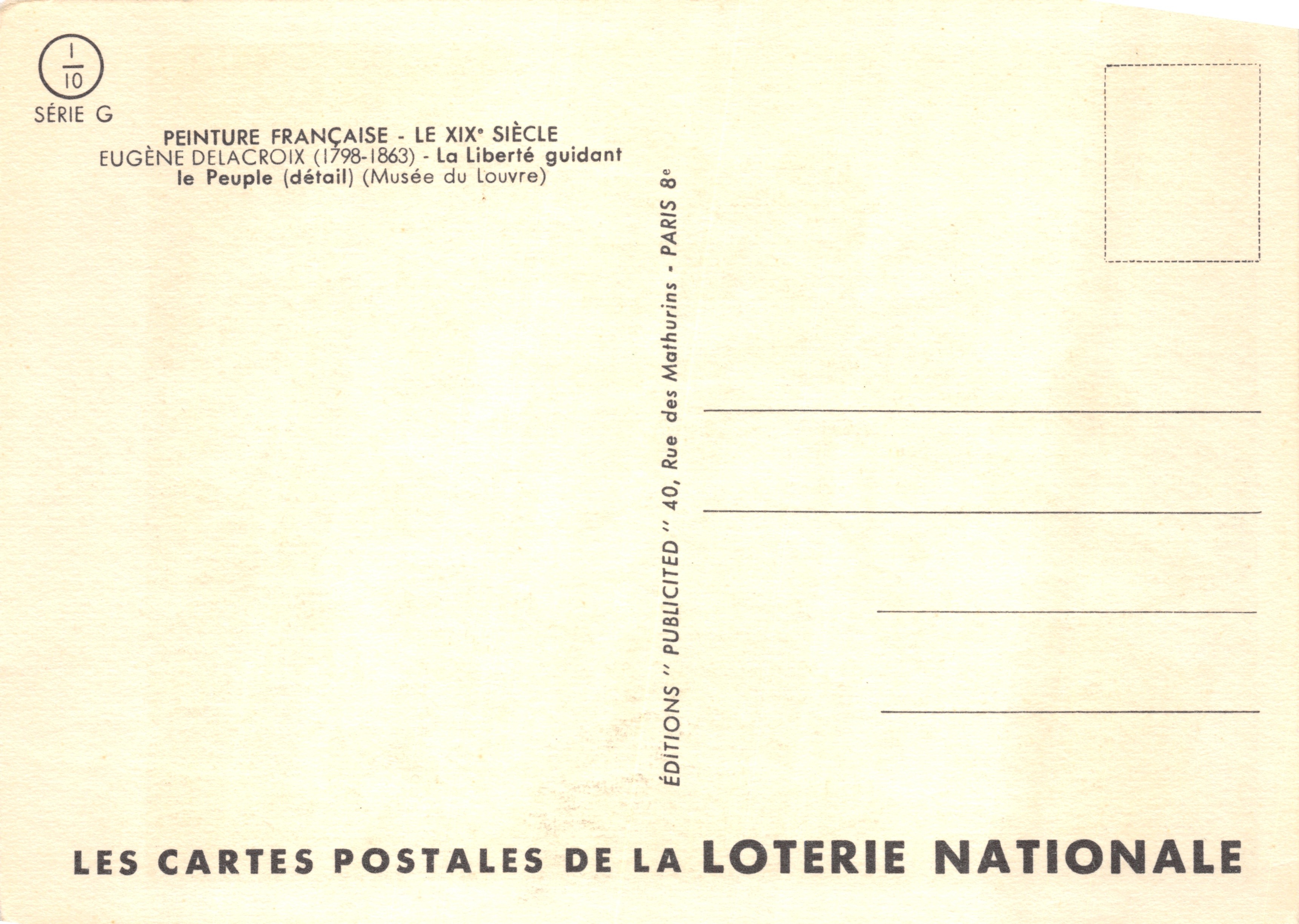 La Libertad guiando al Pueblo — detalle de la pintura de Eugène Delacroix — Éditions de la Loterie Nationale, Serie G — Reverso
