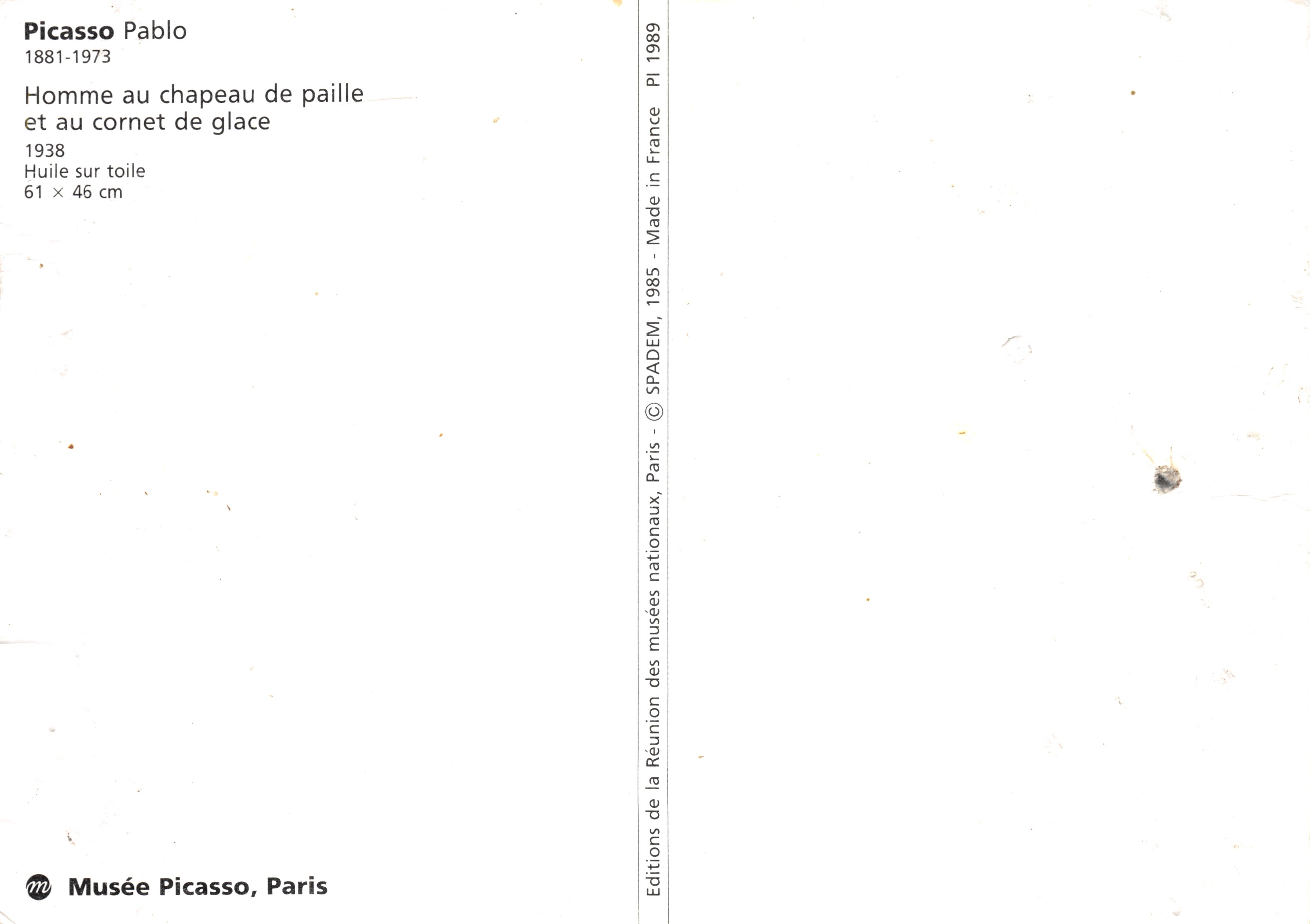 Hombre con sombrero de paja y cono de helado — obra de Picasso — edición SPADEМ, París — Reverso