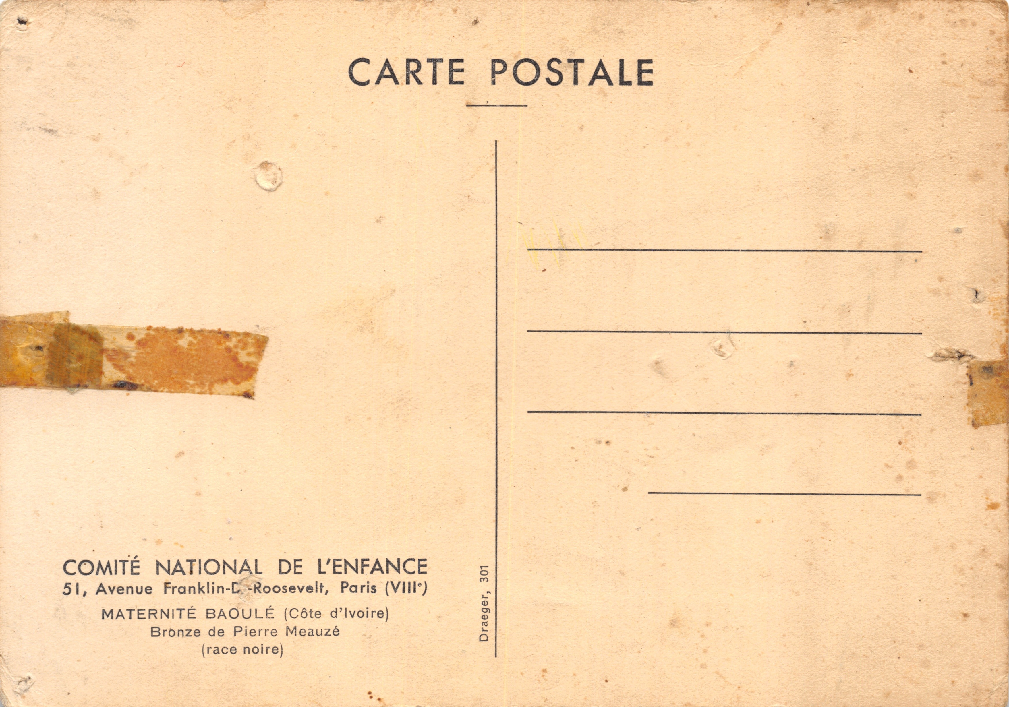 Maternità Baoulé — scultura in bronzo — editore Draeger, n. 301 — Verso