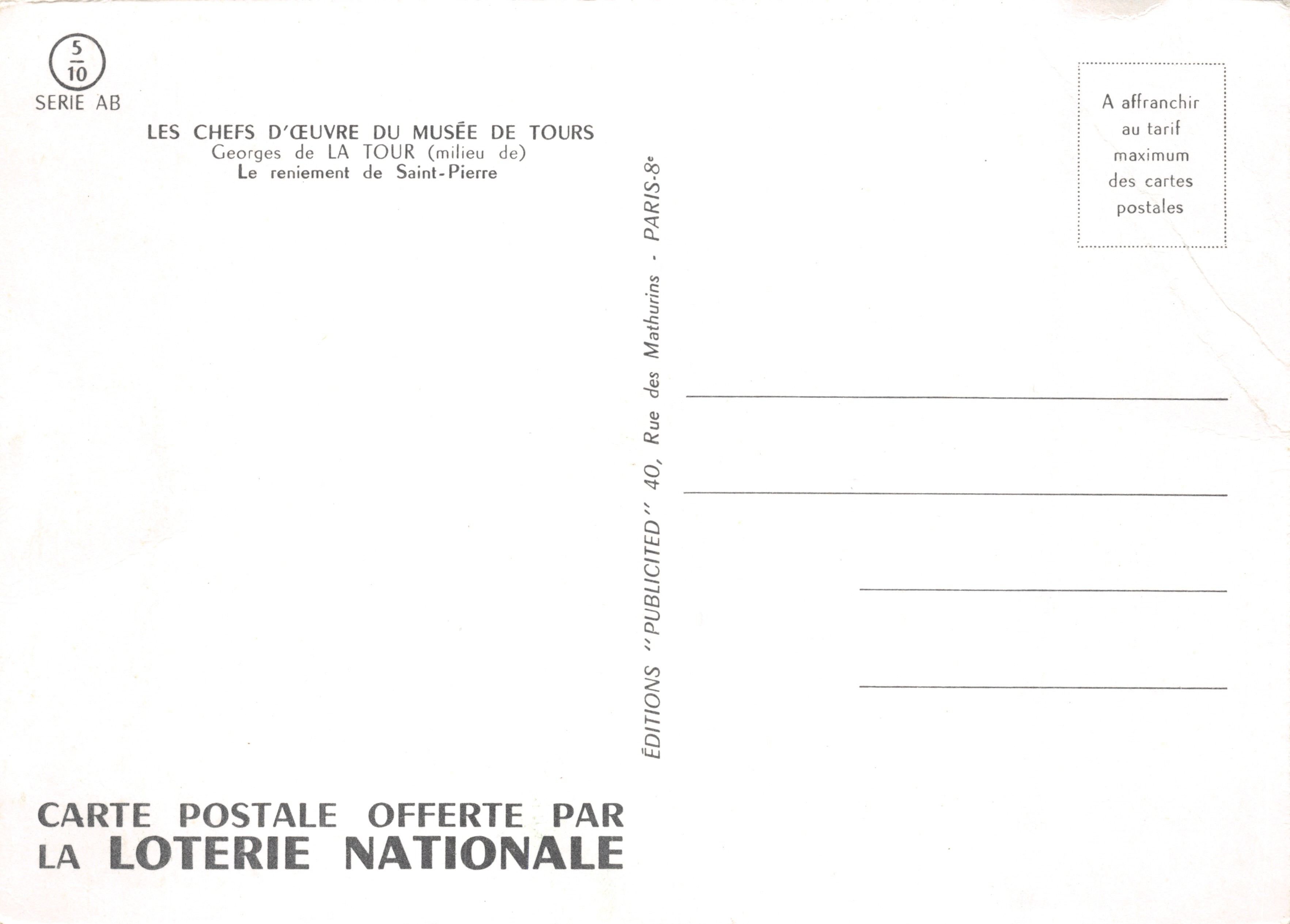 La negación de San Pedro — Escena de Georges de La Tour — editor ÉDITIONS "PUBLICITÉ" PARIS — Reverso