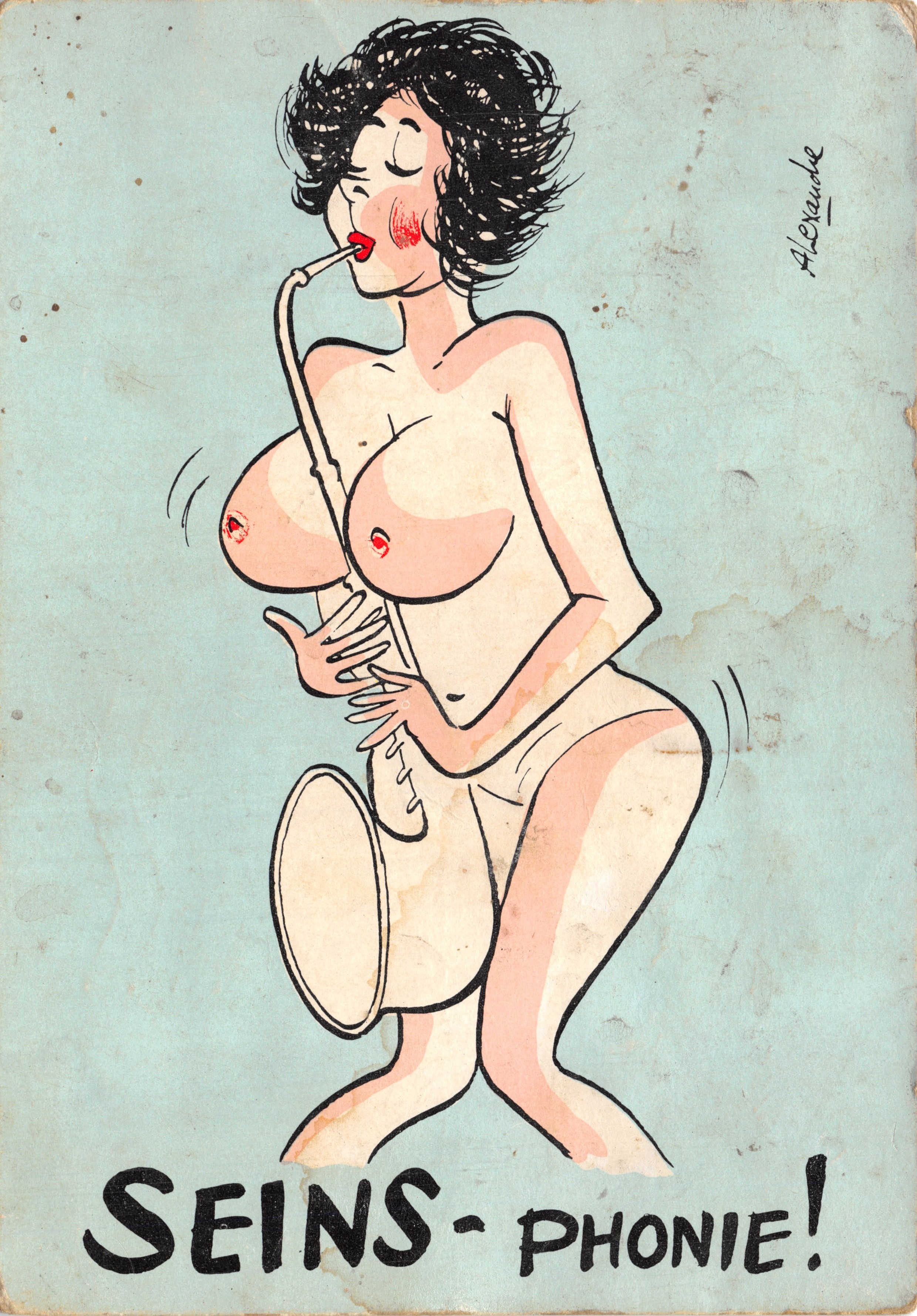 Seins-Phone! — femme nue jouant d'un saxophone à embouchure de sein — dessin signé Alexandre