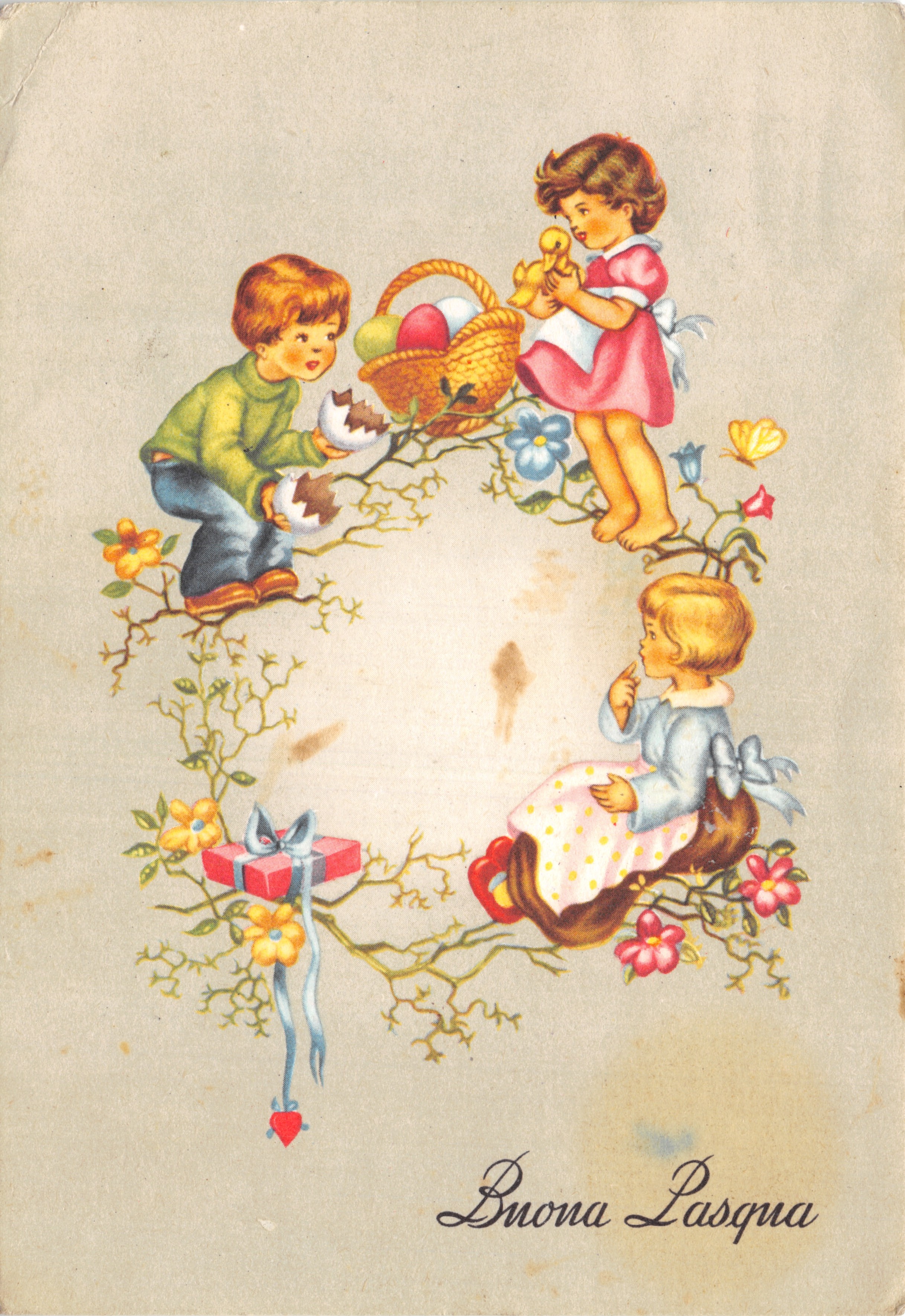 Niños jugando con huevos de Pascua — ilustración — editor Stampato in Italia n° 409/5