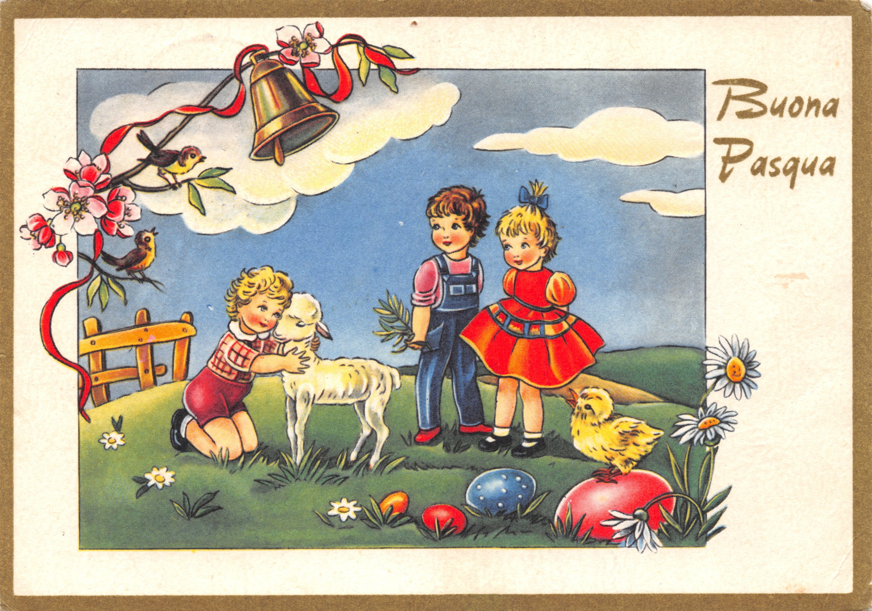 Niños y cordero — escena de Pascua — editor EDIZ. RINUP. n.º 1562