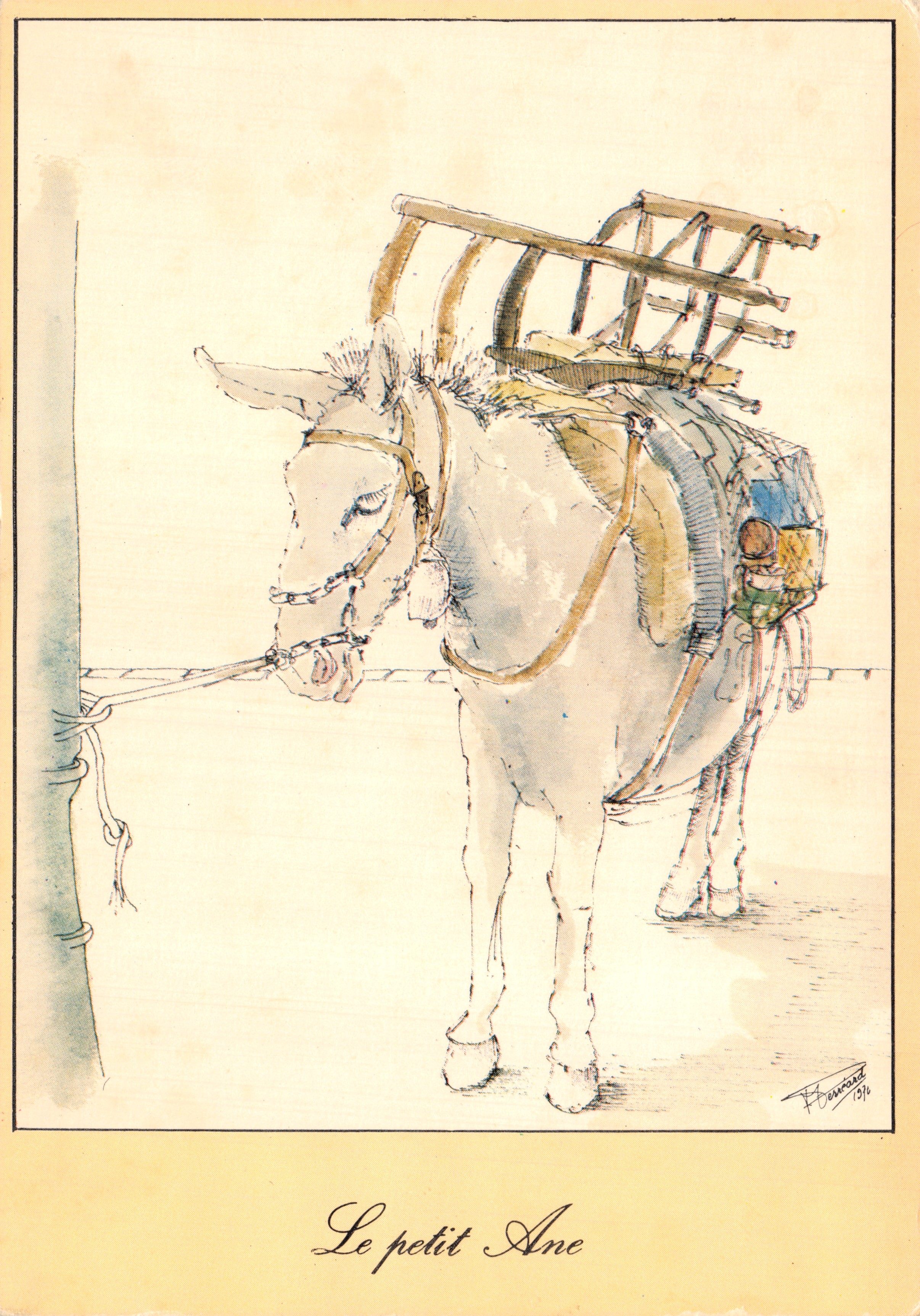 Le petit Âne — dessin à l'aquarelle d'un âne chargé — dessiné par F. Perbeard en 1910