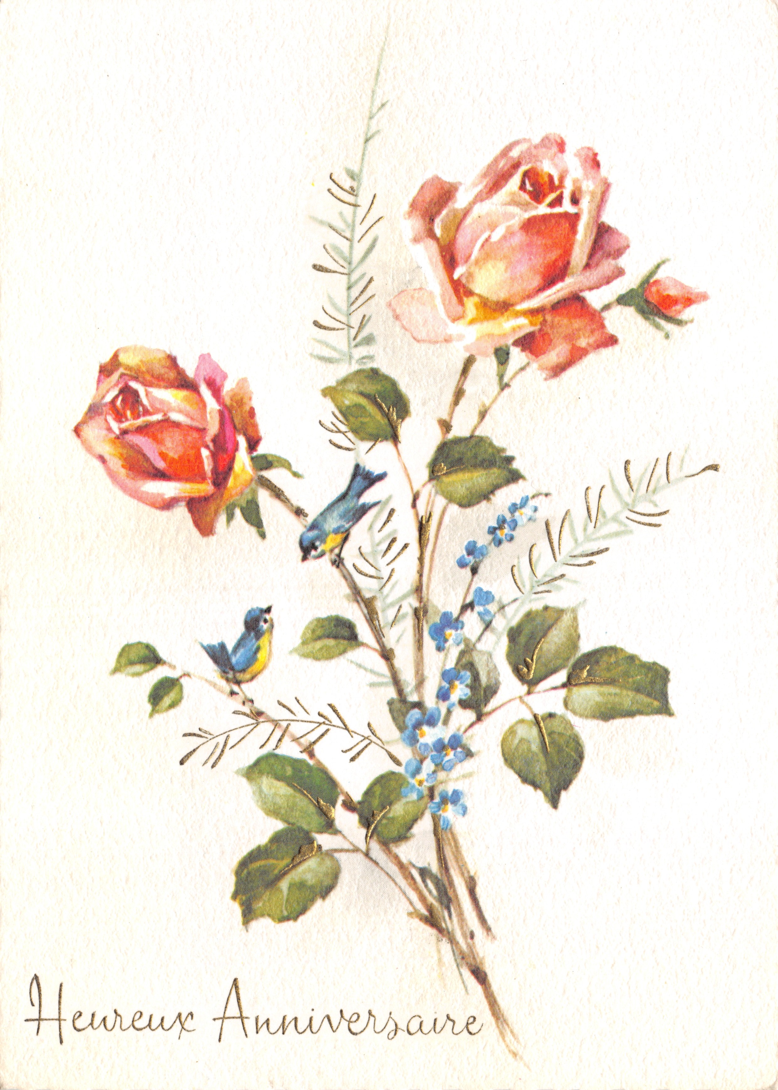 Bouquet di rose e uccelli — illustrazione a acquarello — editore SPÉCIAL n° 9466