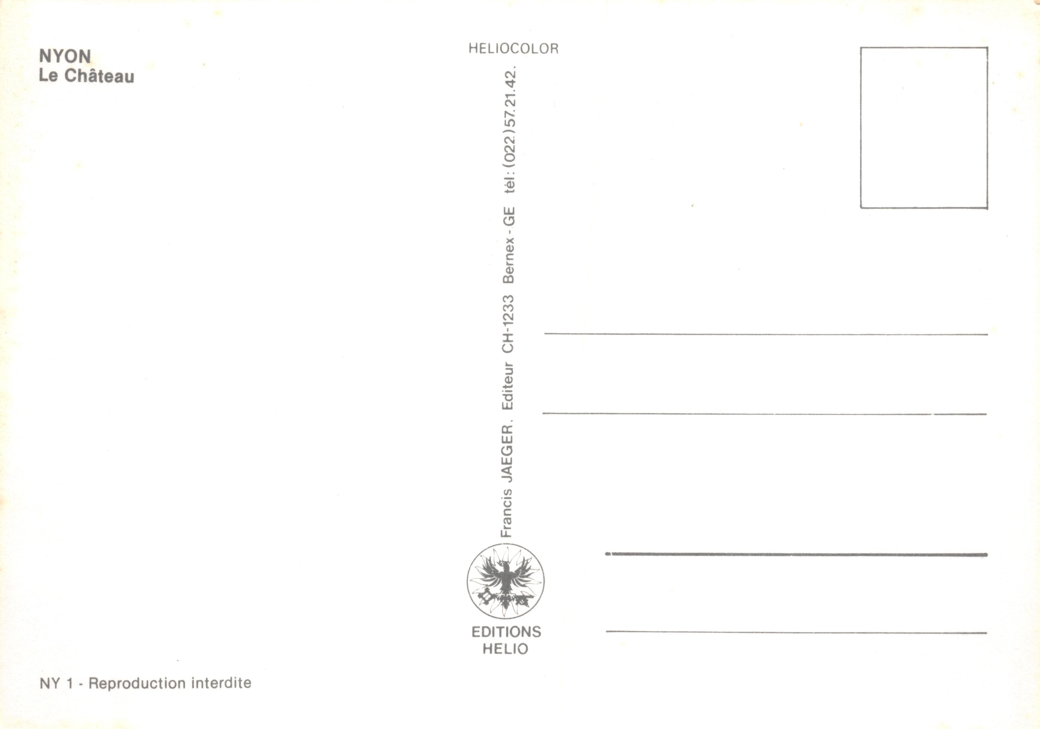 Nyon — Castle — publisher Francis Jaeger, NY 1 — Back