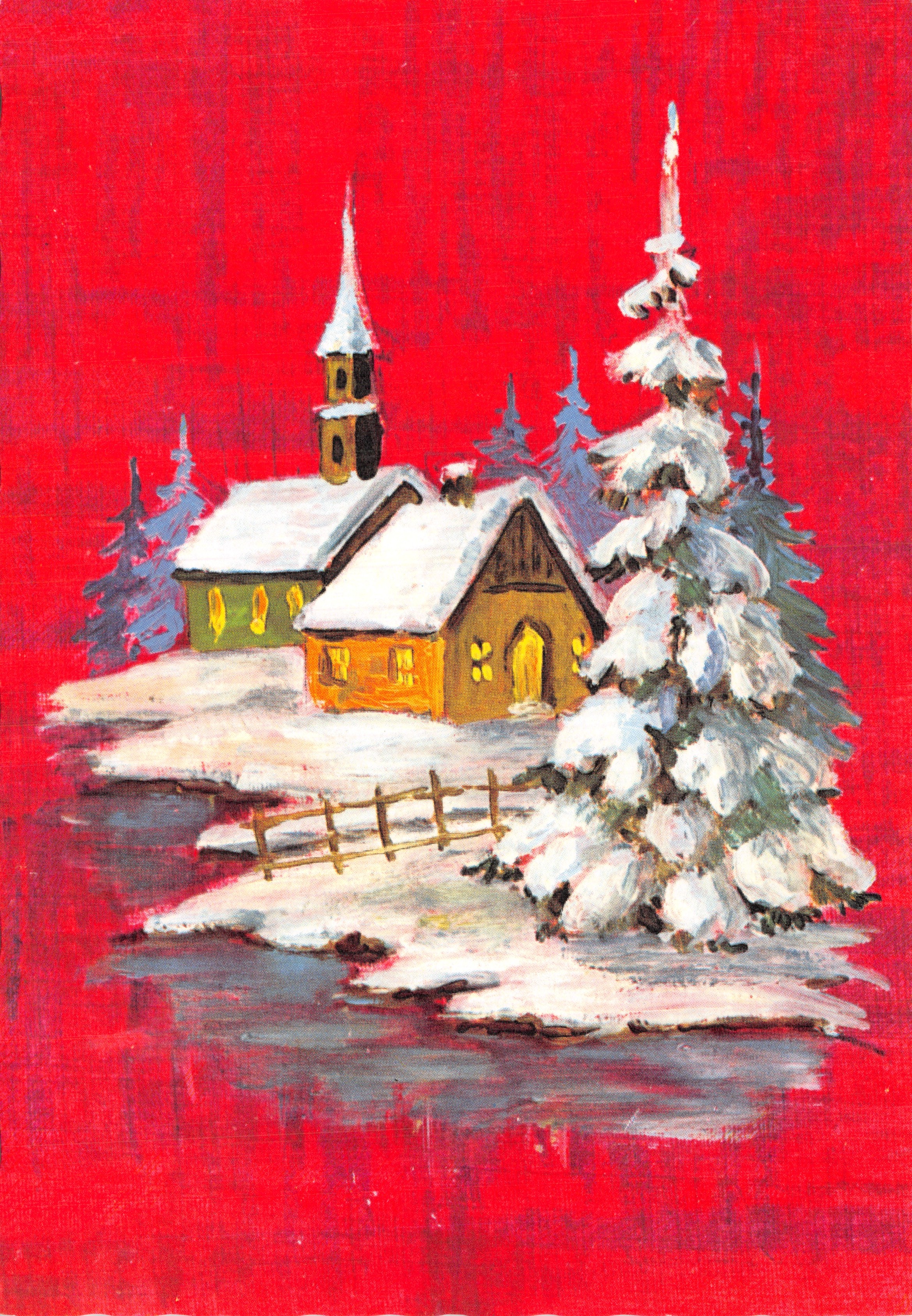Église de montagne enneigée — peinture sur fond rouge — éditeur 'Made in West Germany' visible en bas du verso