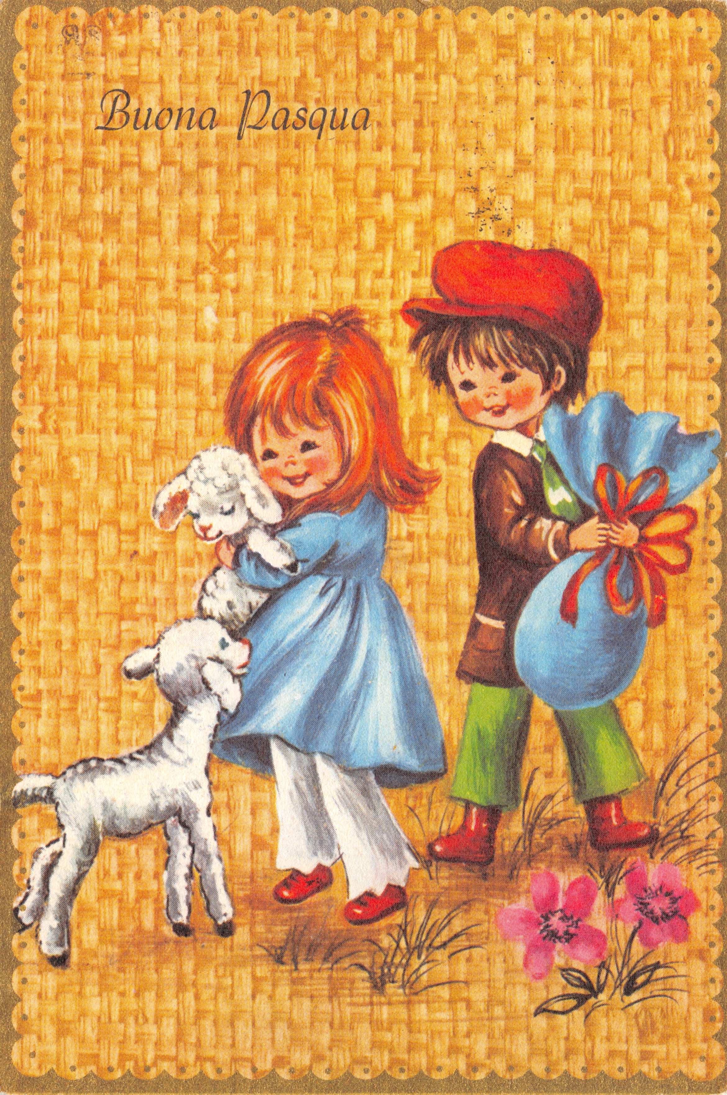 Enfants avec agneaux — scène de Pâques — éditeur PICCOLLI-MILANO