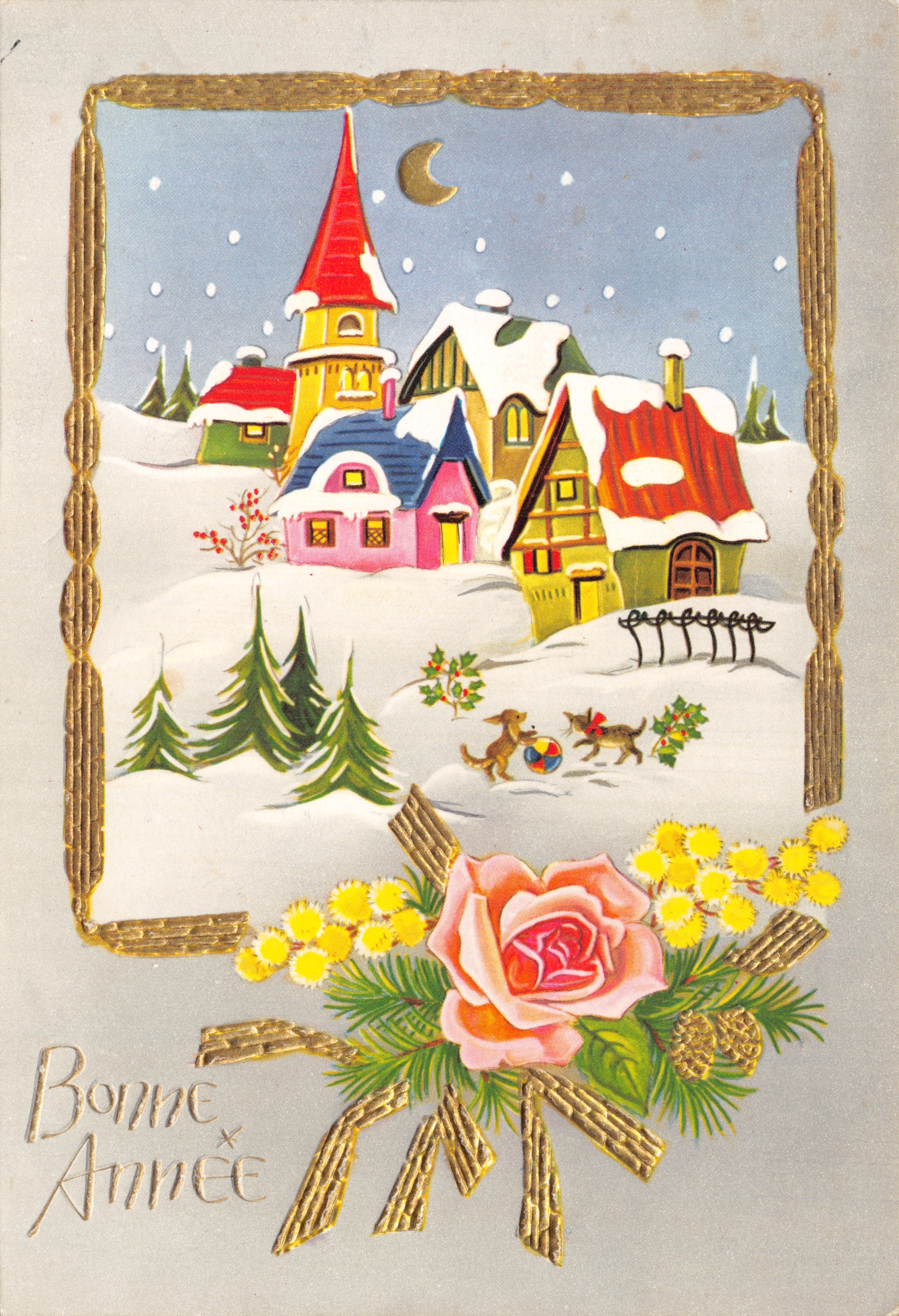 Besneeuwd dorp — kerstscene met gebouw met rode klokken — uitgever M.D. PARIS, serie N° 8940