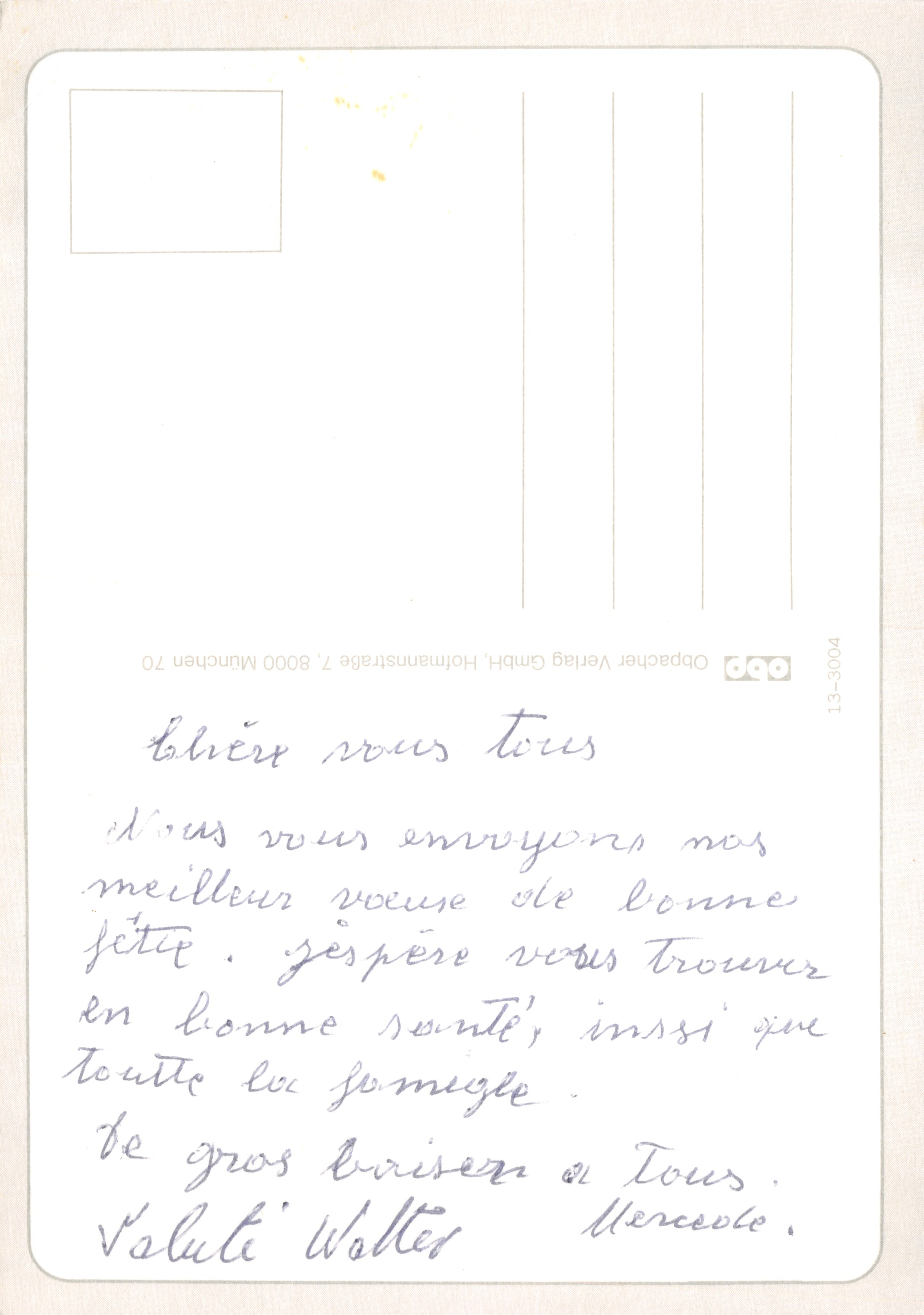 Conejo y huevos de Pascua — Escena primaveral con campanas — Oppacher Verlag GmbH, Múnich 70, n.º 13-3004 — Reverso
