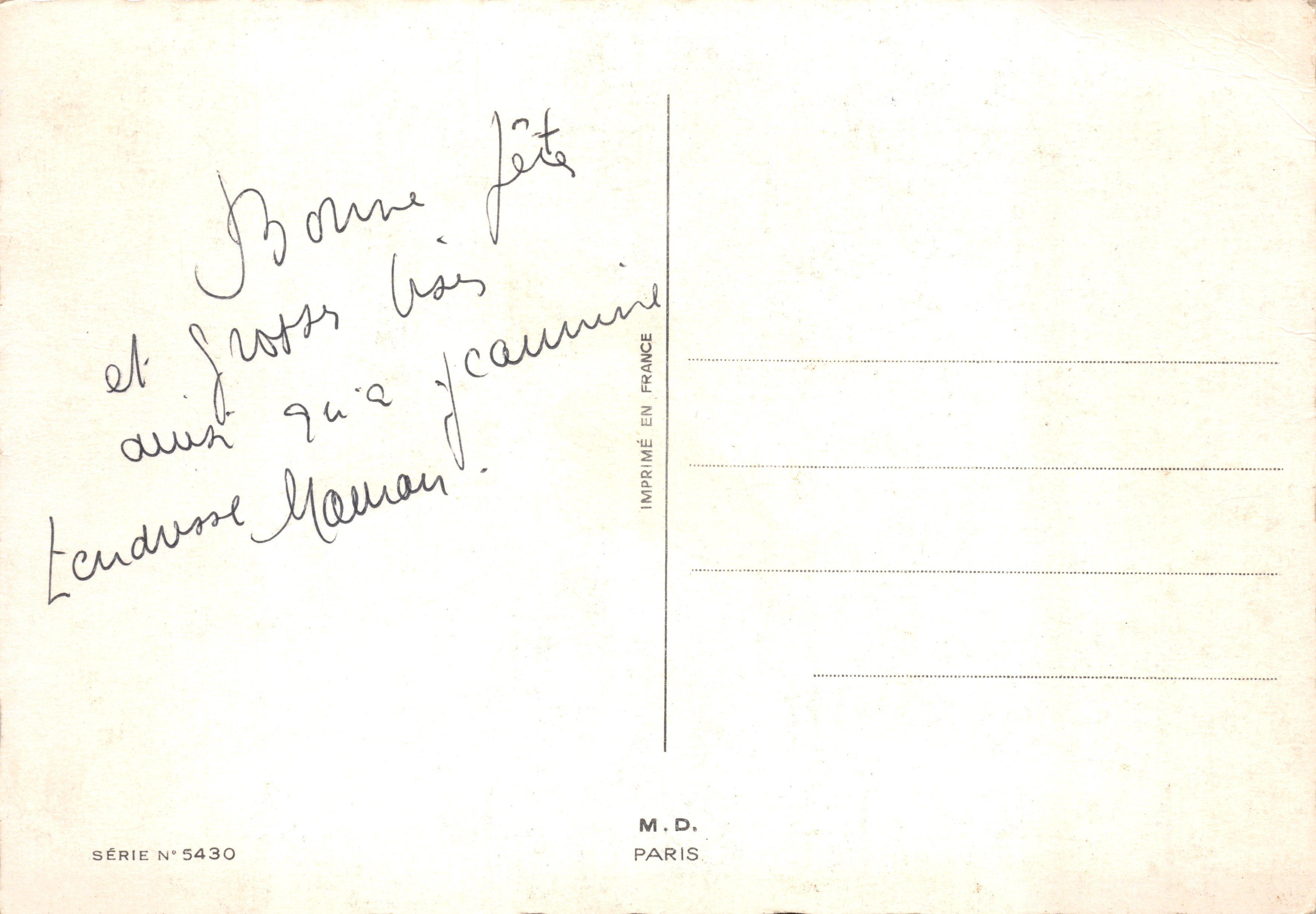 Bouquet van bloemen — gele en roze margrieten, op zwarte achtergrond — M.D. PARIS, Serie N°5430 — Achterkant