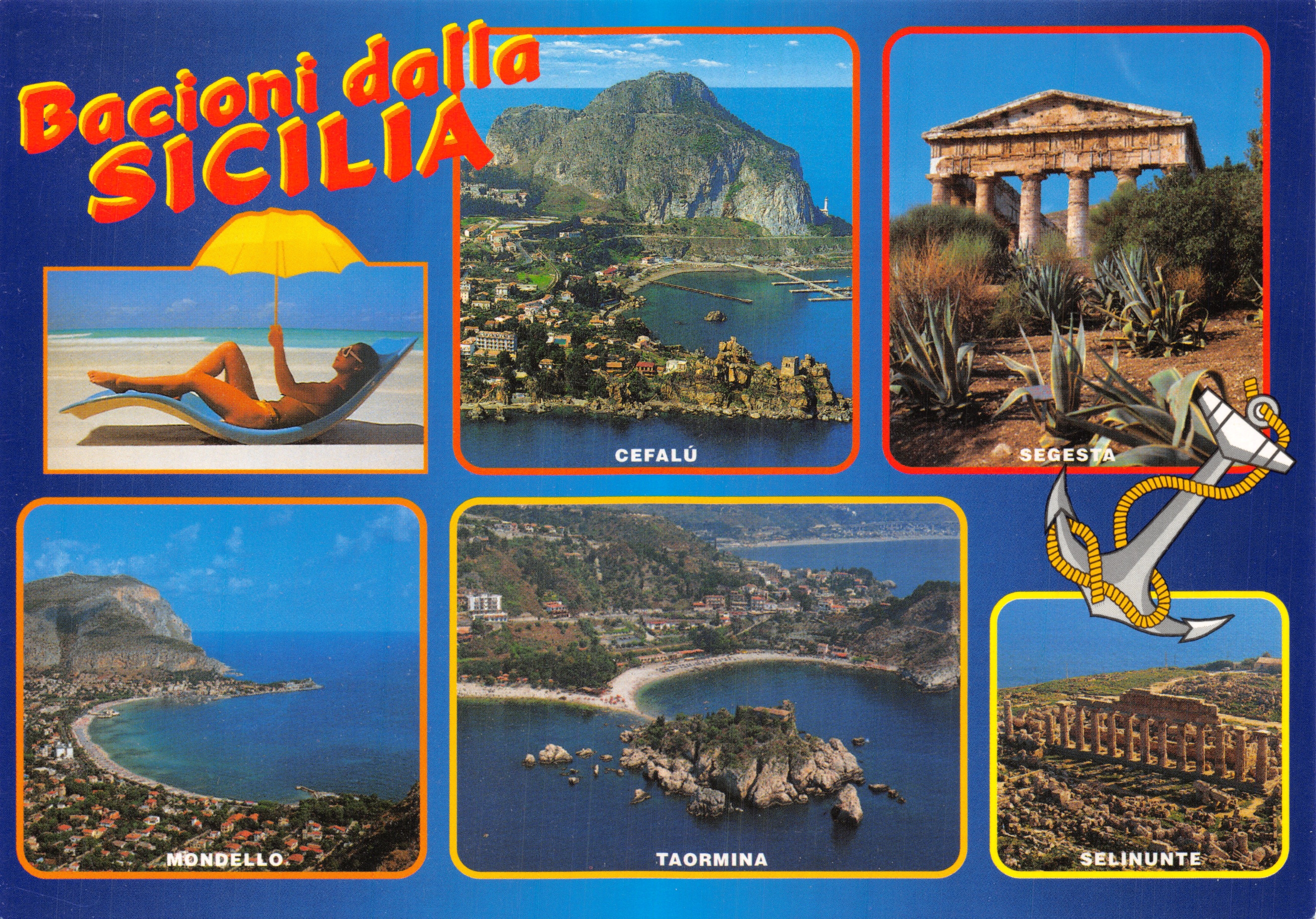 Bacioni dalla Sicilia — collage de paysages siciliens (Cefalù, Segesta, Mondello, Taormina, Selinunte) — Stampa : OFFICINA GRAFICA BOLOGNESE