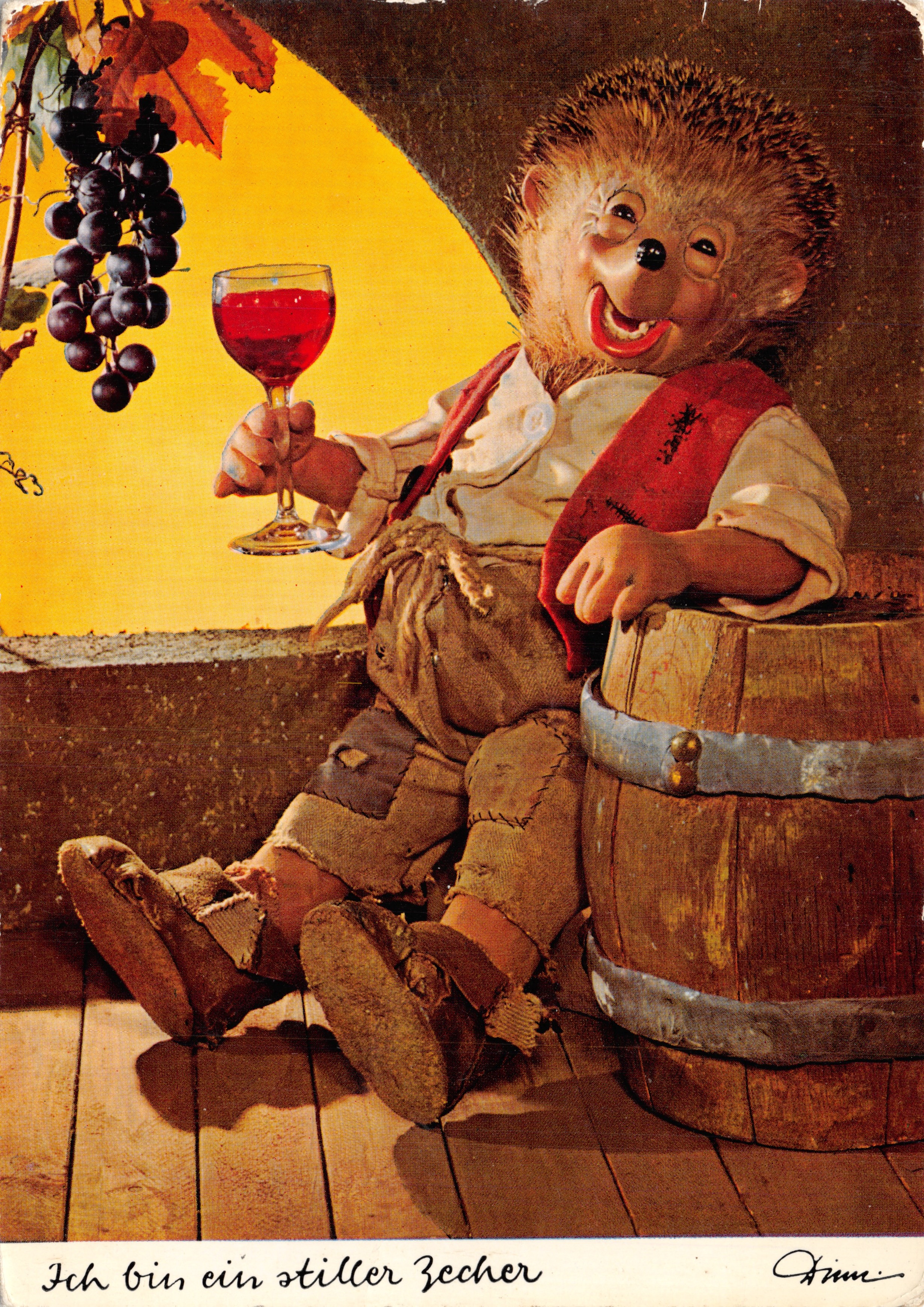 Jeleni wypijający wino — scena winnicy z grudkami i beczką — wydawca 'Frimé' i n° 311