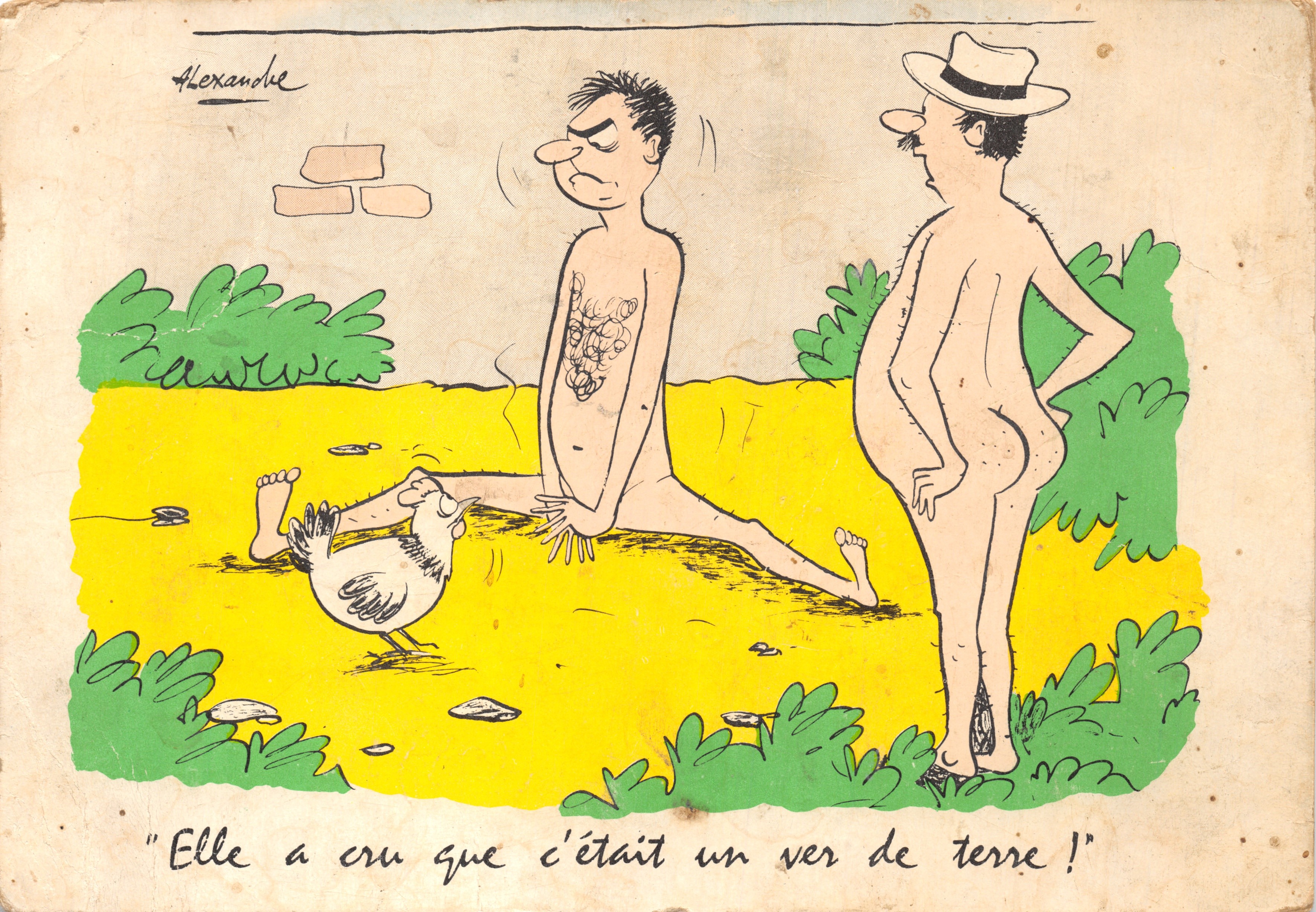 Deux hommes nus et une poule — scène humoristique — éditeur MAISON CAVALAIRE S/MER