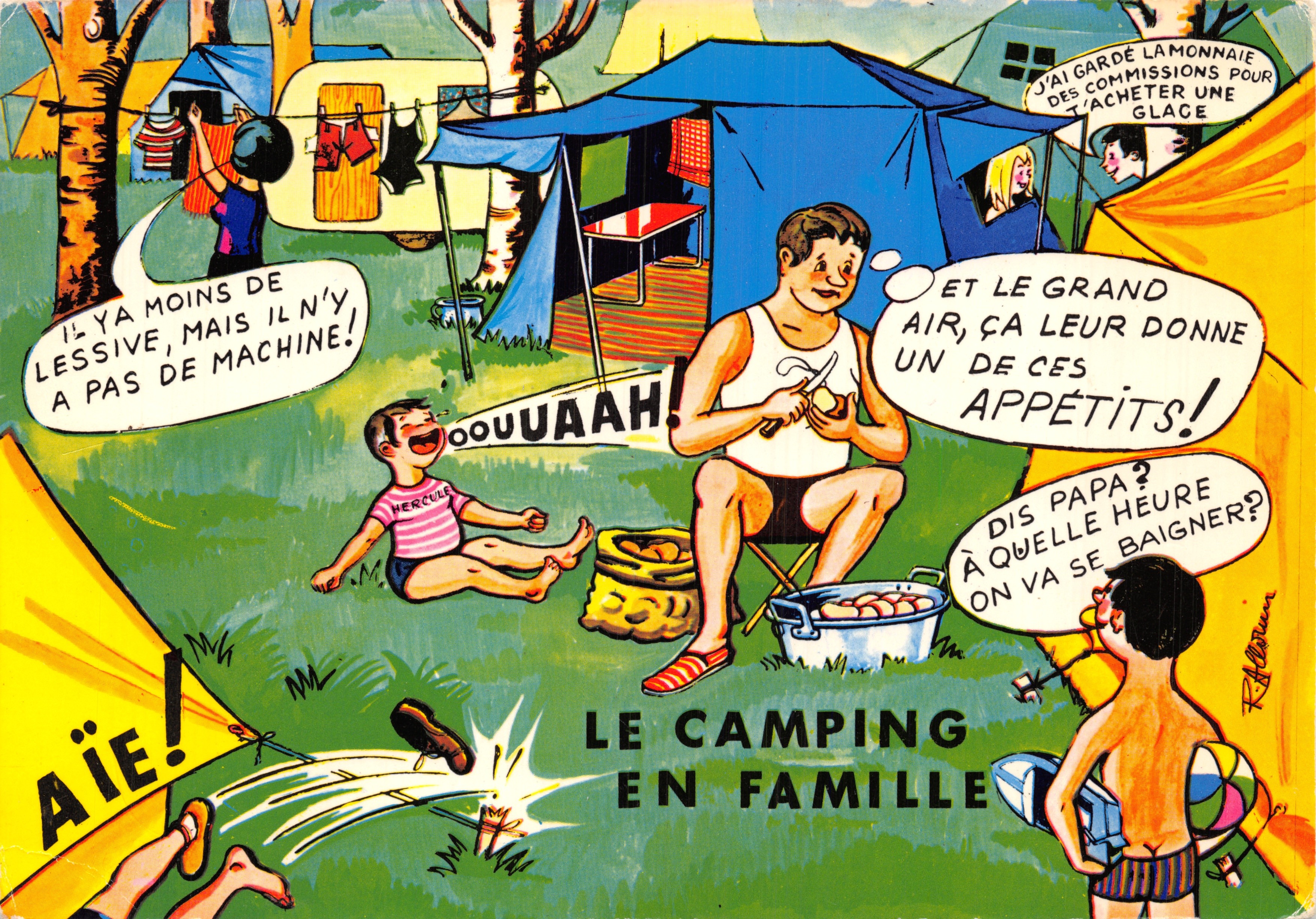 Le camping en famille — scène de vie familiale au camping avec enfants et adultes — dessin de R. Allouin, éditeur Comblé Imprimerie-Mâcon, n° O PA999 000.005