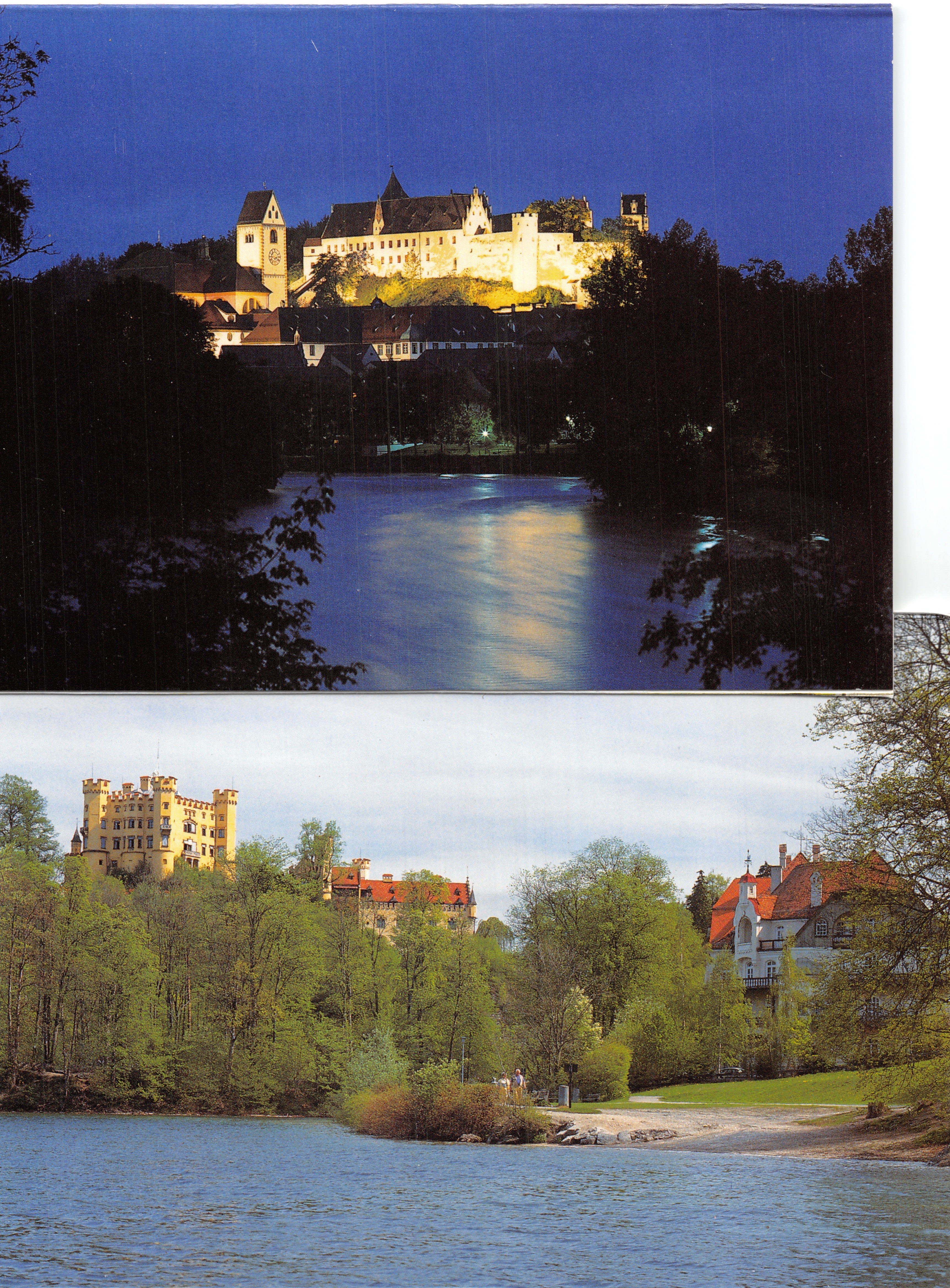 Schloss Hohenschwangau — beleuchtetes Schloss bei Nacht und Tagessicht — Verlag Franz Milz, Nr. 117/52