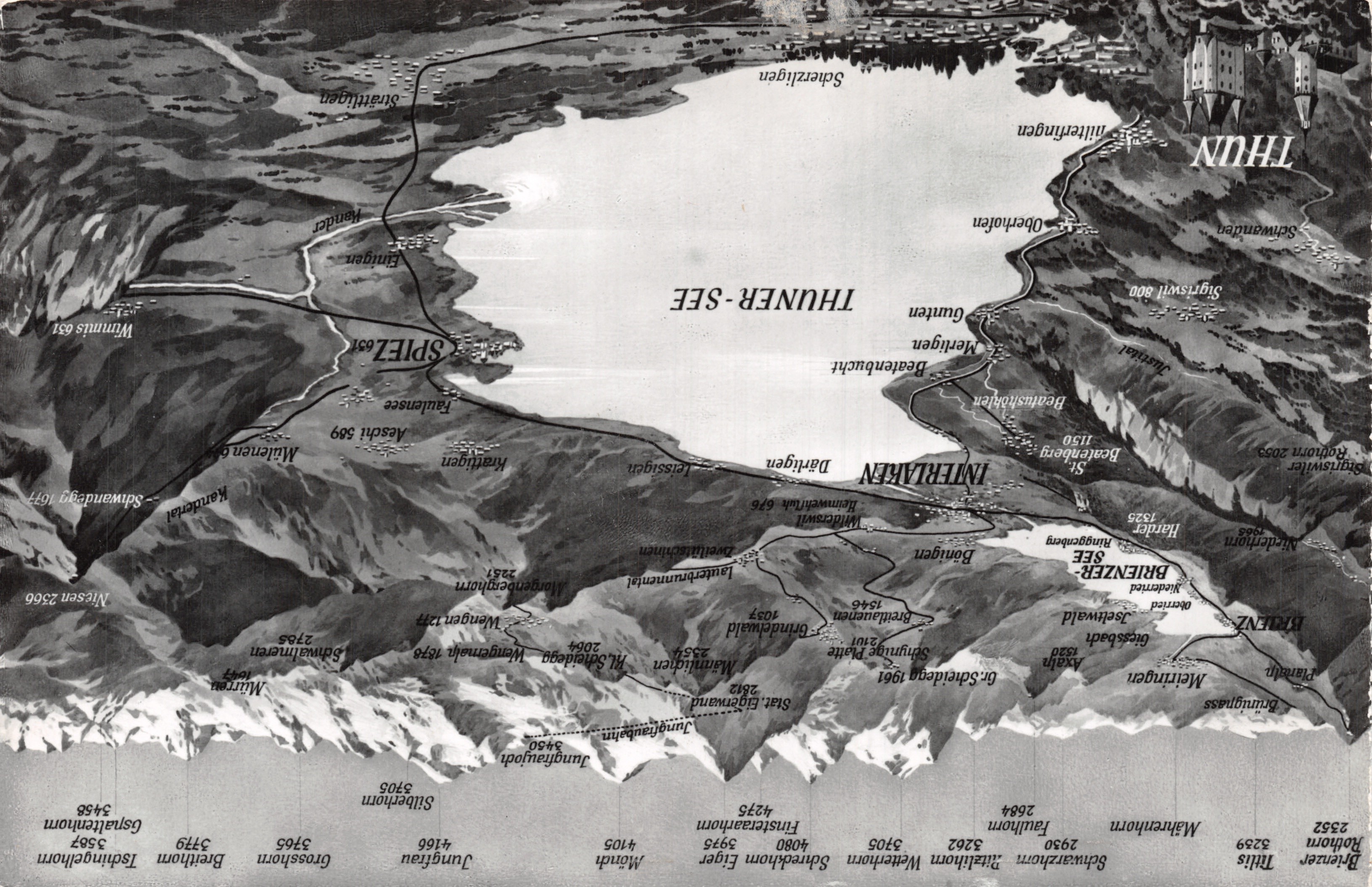 Thun con el Berner Oberland — vista topográfica del lago Thunersee y sus alrededores — editor H. Steinhauer, Interlaken, n.º 2368