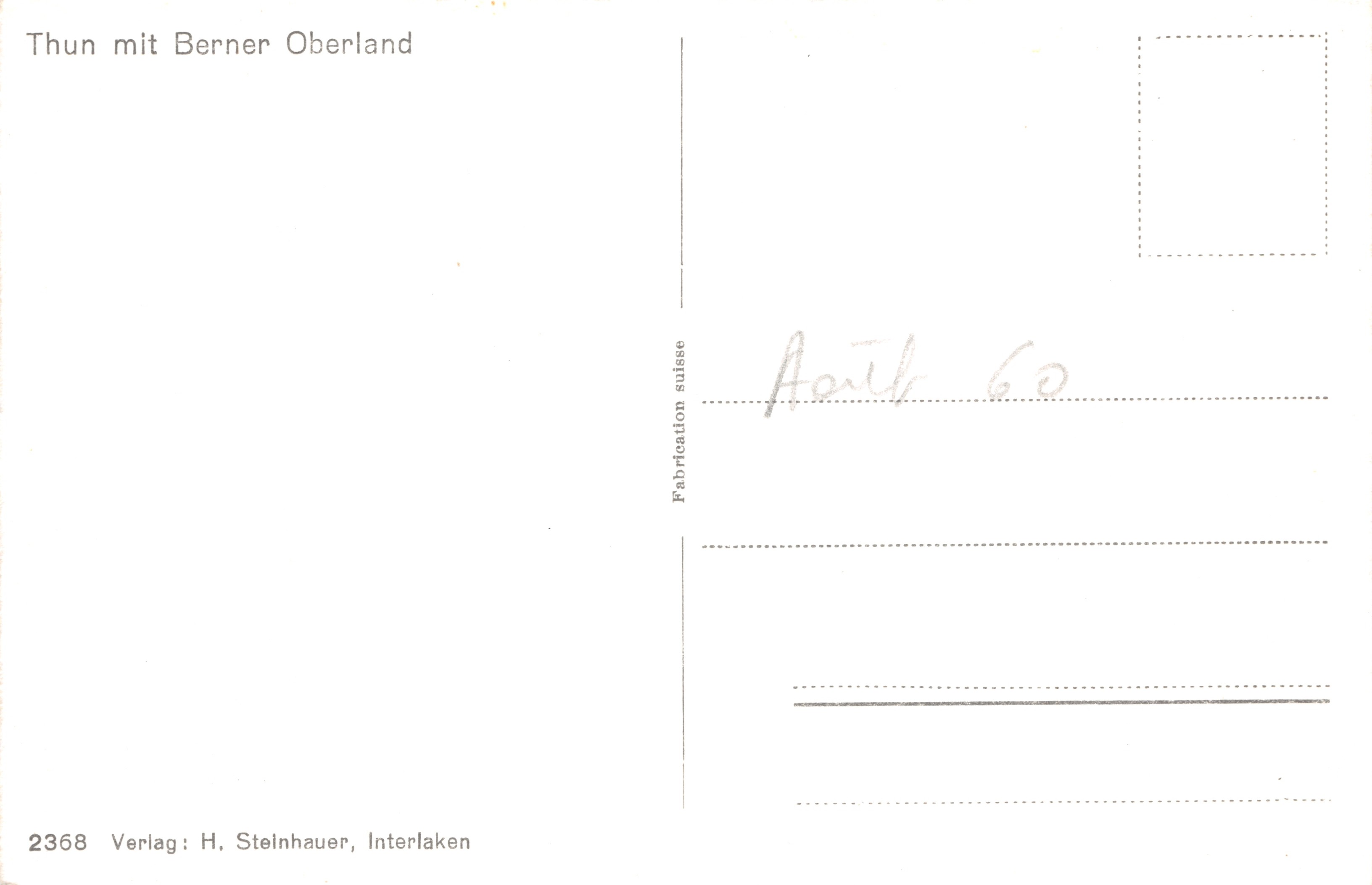 Thun con el Berner Oberland — vista topográfica del lago Thunersee y sus alrededores — editor H. Steinhauer, Interlaken, n.º 2368 — Reverso