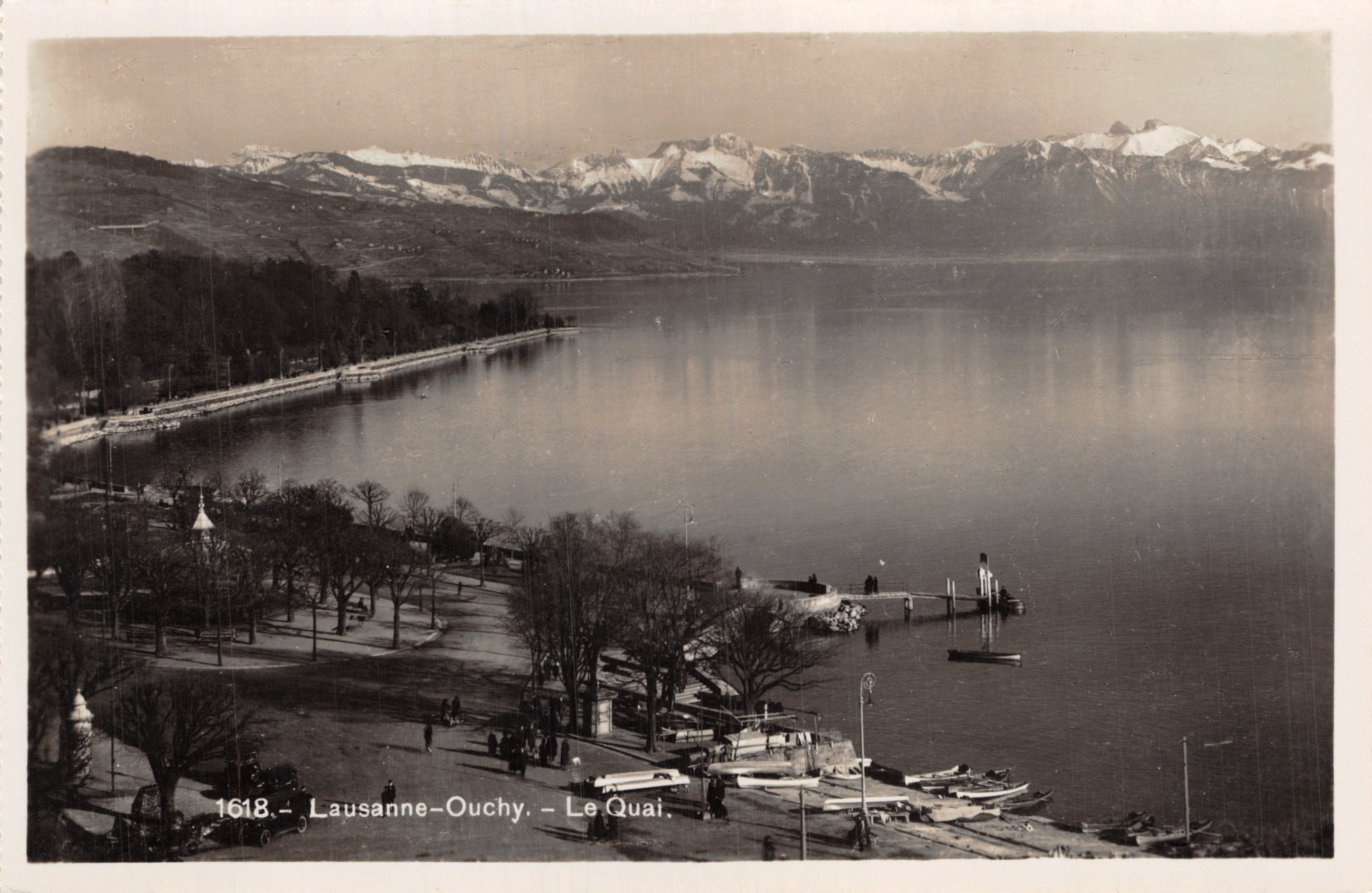 Lausanne-Ouchy — The Quay — view of the lake with snow-capped mountains — publisher Société Graphique Neuchâtel, no. 1618