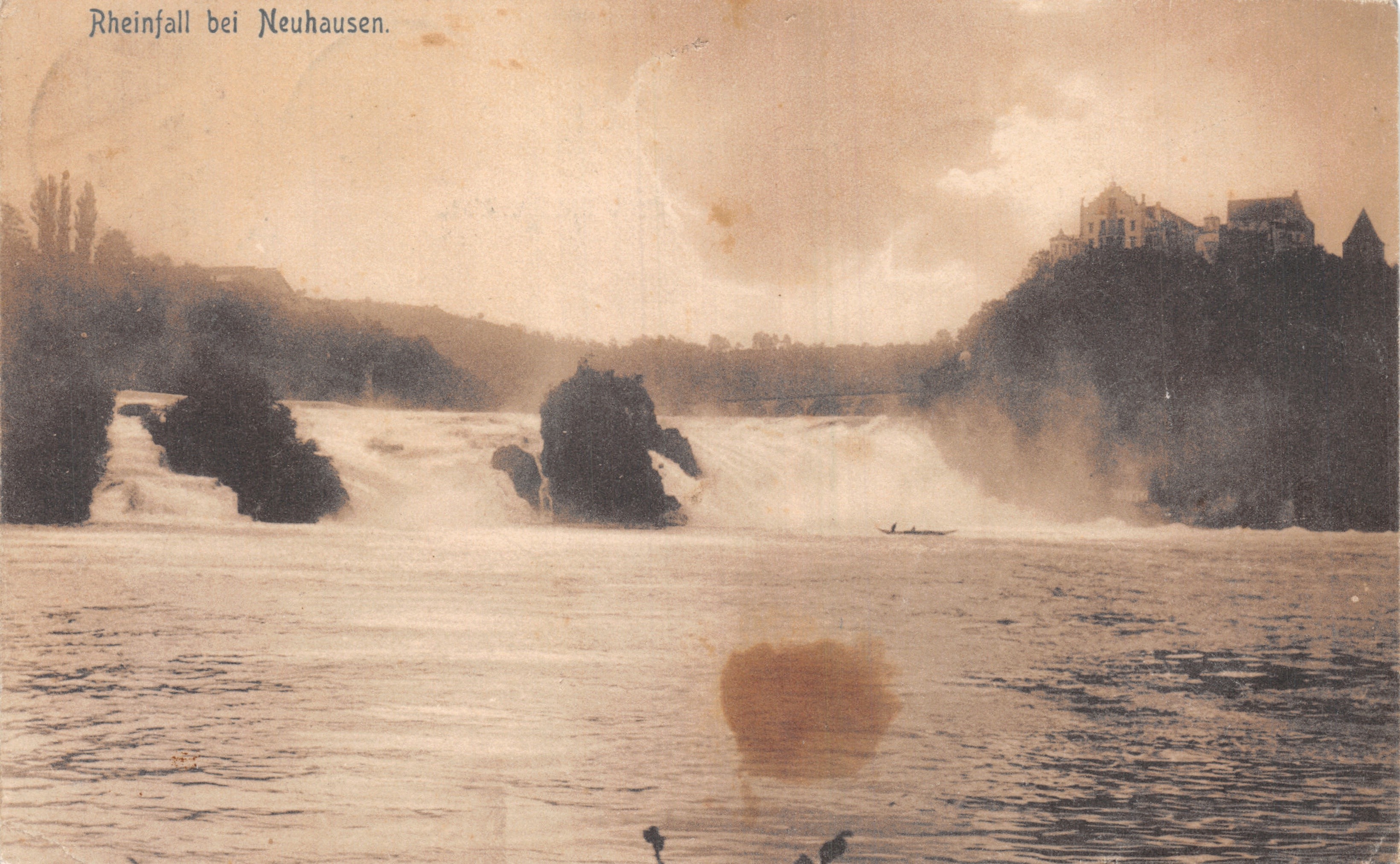 Rheinfall at Neuhausen — view of the Rhine waterfall with castle in the background — publisher Caesar Schmidt, Bookstore, Zurich, No. 5