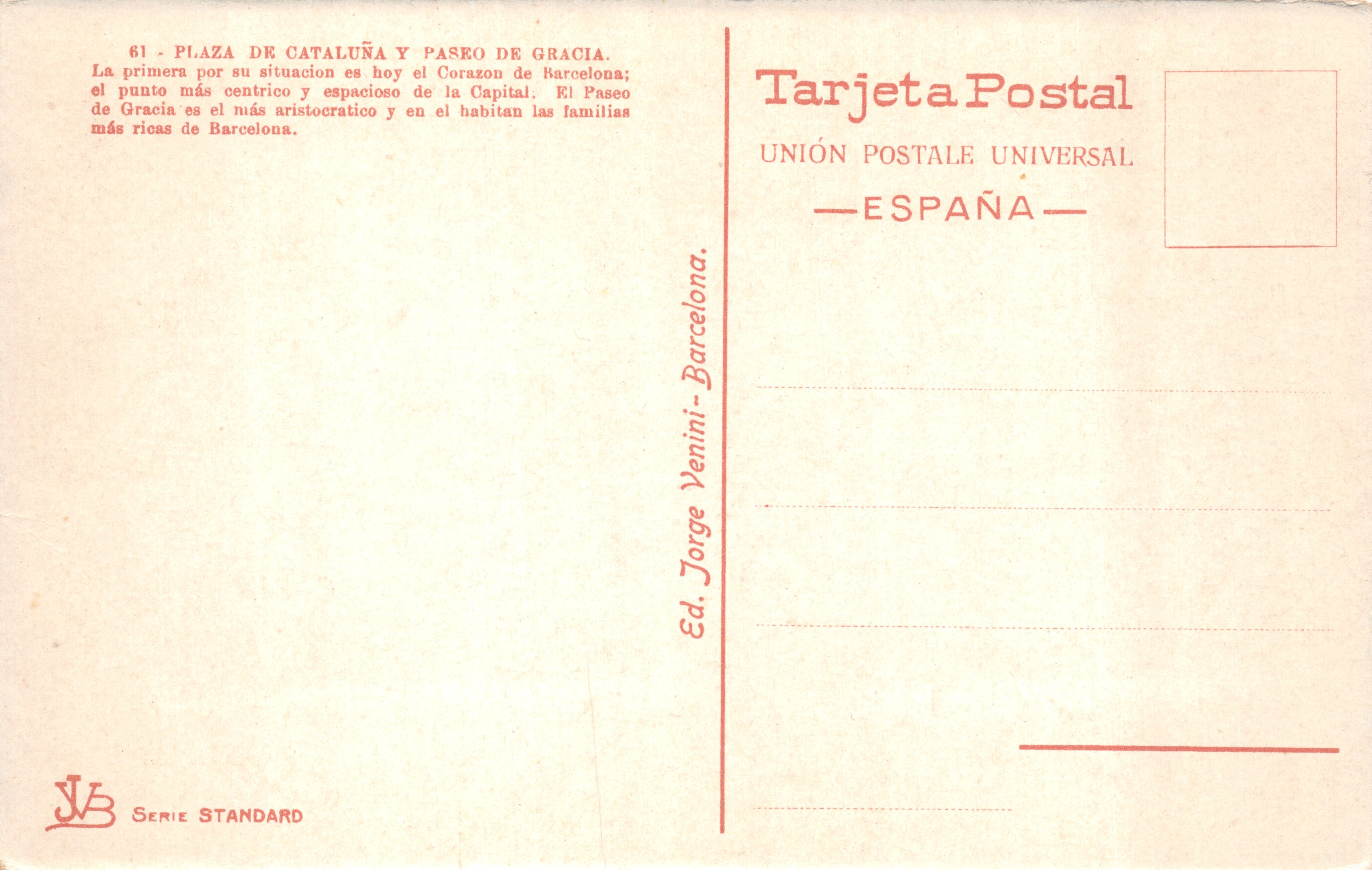 Barcelona — Platz Catalunya und Paseo de Gràcia — Verlag Venini, Serie Standard — Rückseite