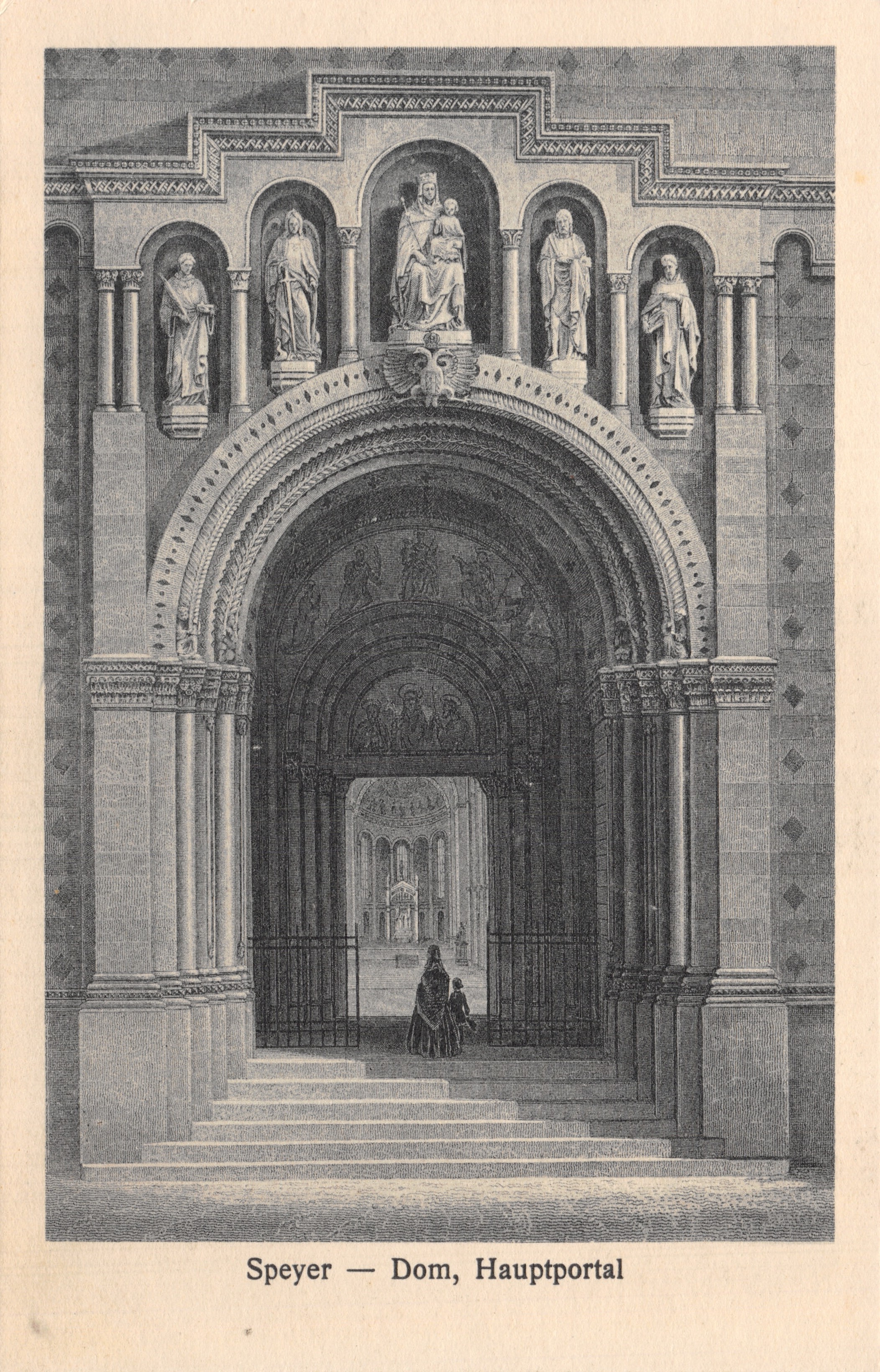 Spéyer — Dom, Hauptportal — gedetailleerde gravure van het hoofdportaal met beelden en architecturale details, uitgever Verlag Jos. Baumgärtner, n° 17 H
