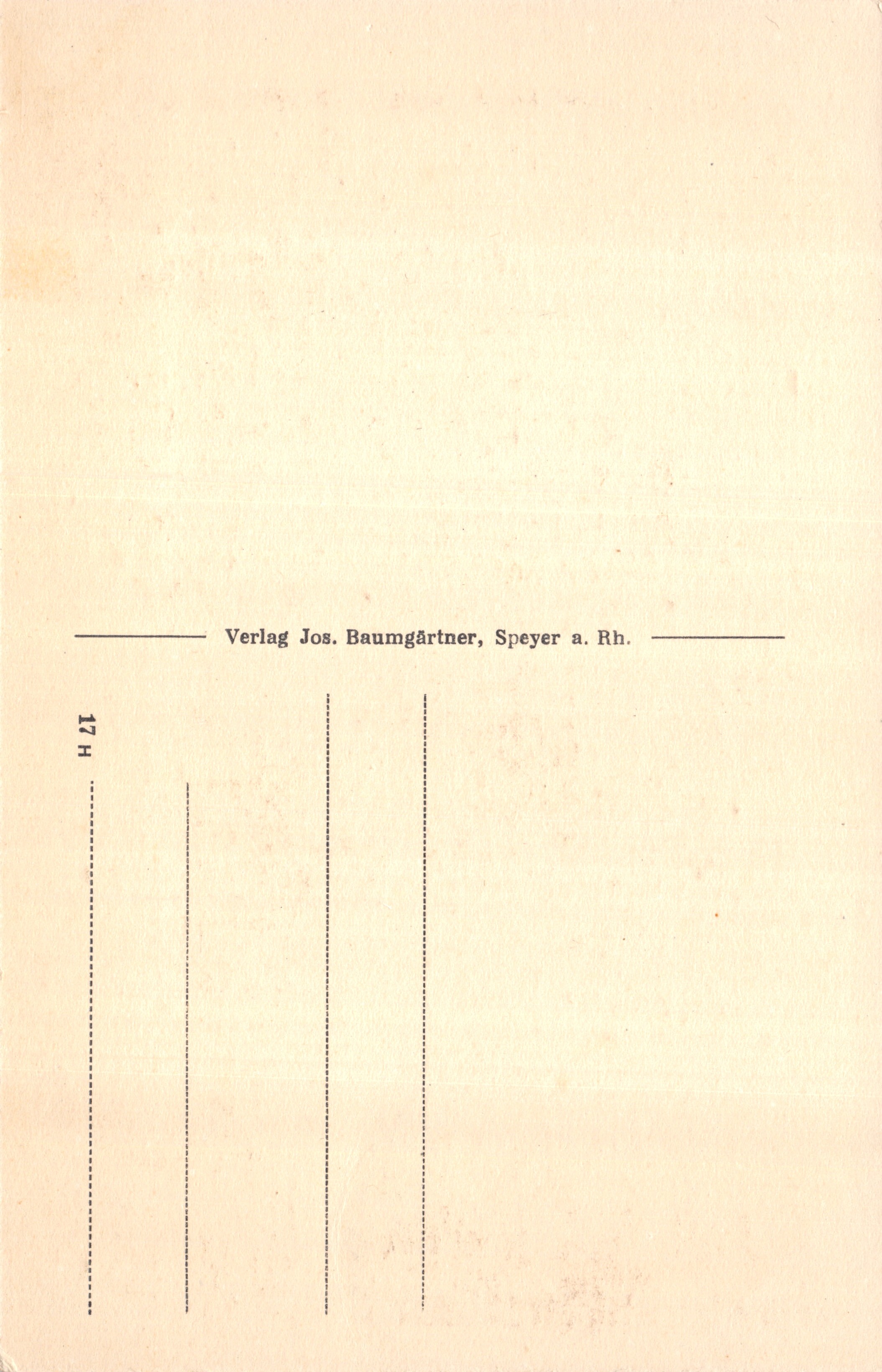 Spéyer — Dom, Hauptportal — gedetailleerde gravure van het hoofdportaal met beelden en architecturale details, uitgever Verlag Jos. Baumgärtner, n° 17 H — Achterkant