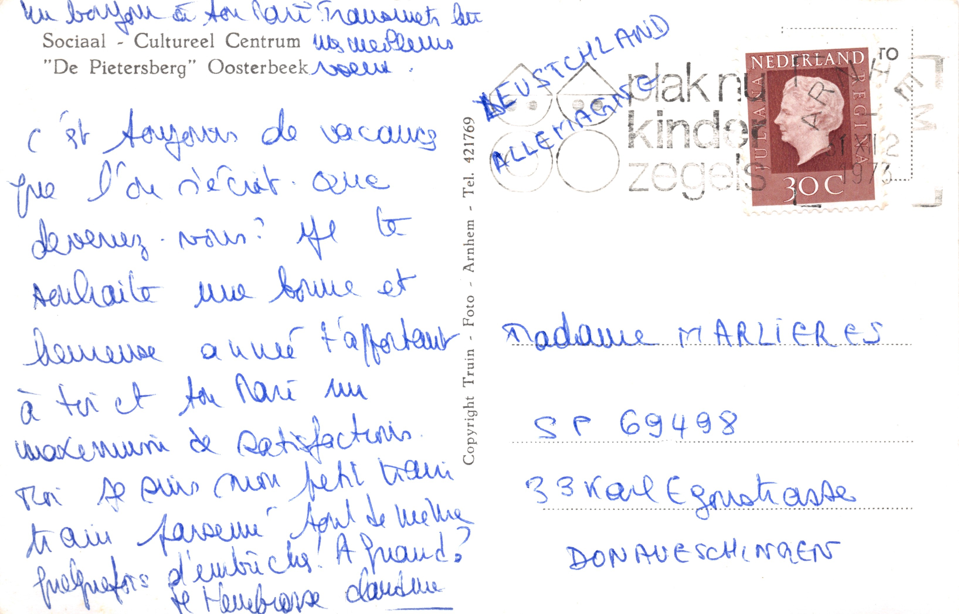 Willa 'De Pietersberg' — widok ogólny z dużym drzewem — wydawca Train, n° 421769 — Rewers